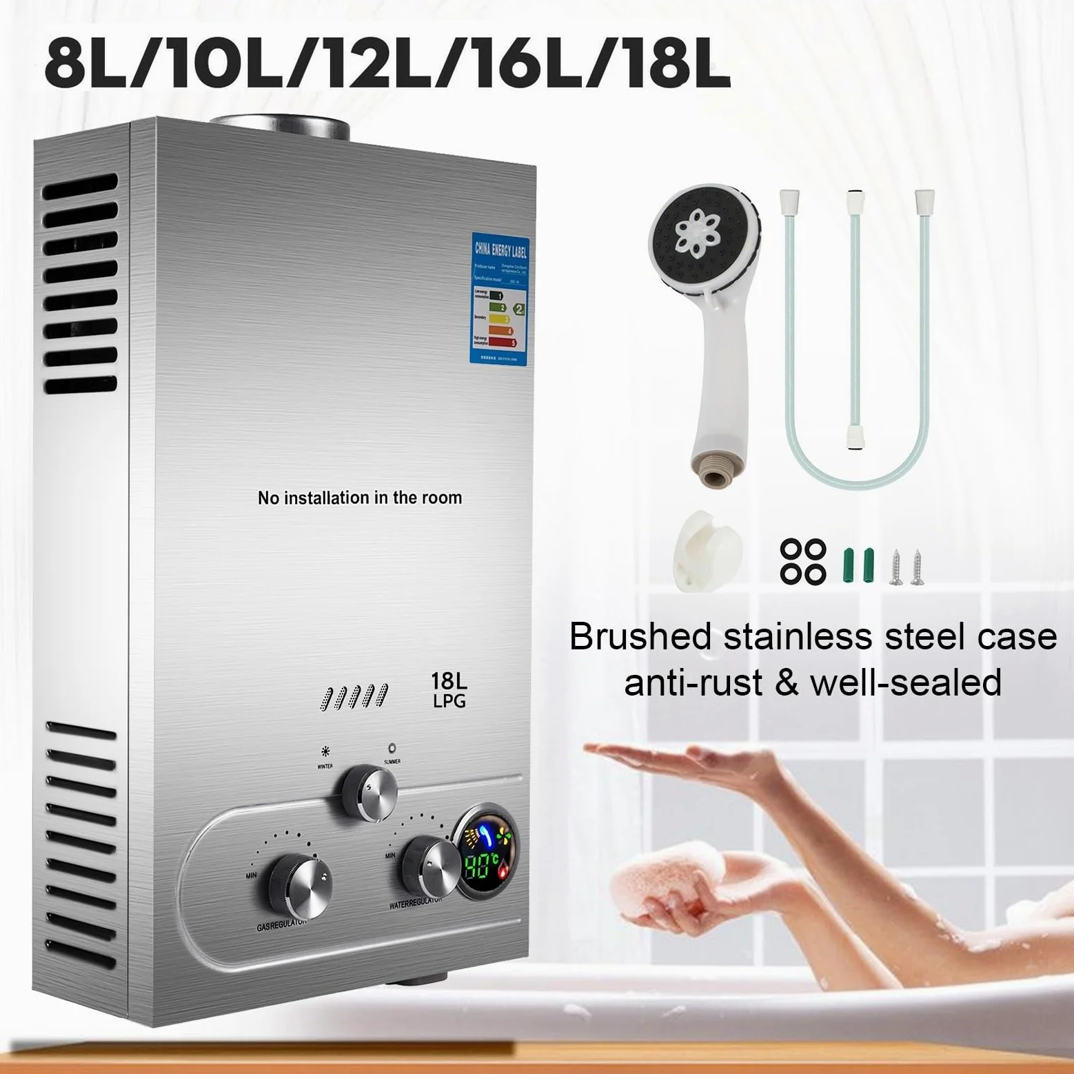 Scaldabagno GPL 6L 8L 10L 12L 16L 18L GPL Gas di Petrolio liquefatto Propano Butano Scaldabagno Kit Caldaia in Acciaio Inossidabile(18L liquefied/Natural Gas)