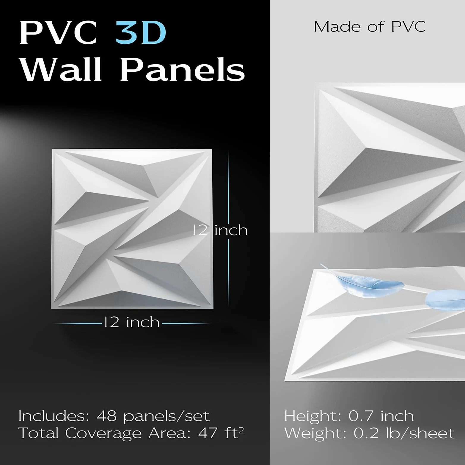 Confezione da 48 pannelli da parete 3D per decorazione di pareti interne, pannelli da parete in PVC testurizzato per interni di casa e ufficio, bianco, 30,5 x 30,5 cm, copre 47 mq.
