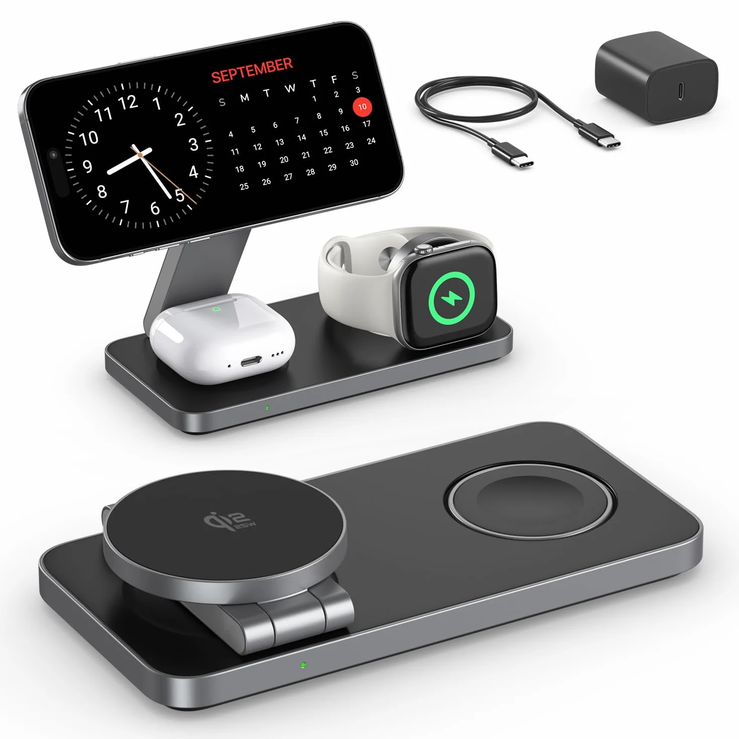 Qi2 25W Caricatore Wireless, Stazione di Ricarica Pieghevole 3 in 1 per iPhone 17e/17/16/15/14/13/12/Air, Apple Watch e Pods Pro con Adattatore Rapido-Nero
