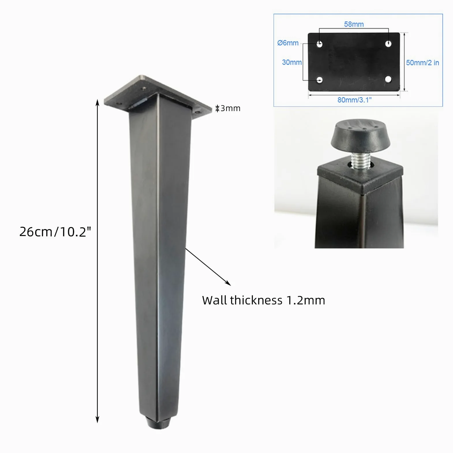 Generico Gambe per Mobili Piedini Regolabili Conici 4 Pezzi Piedini Regolabili per Tavolo Neri in Acciaio Inox Vernice Spray Piedini per Divano Altezza: 7-50,5 cm Piedini per Mobile 26 cm/10,2"
