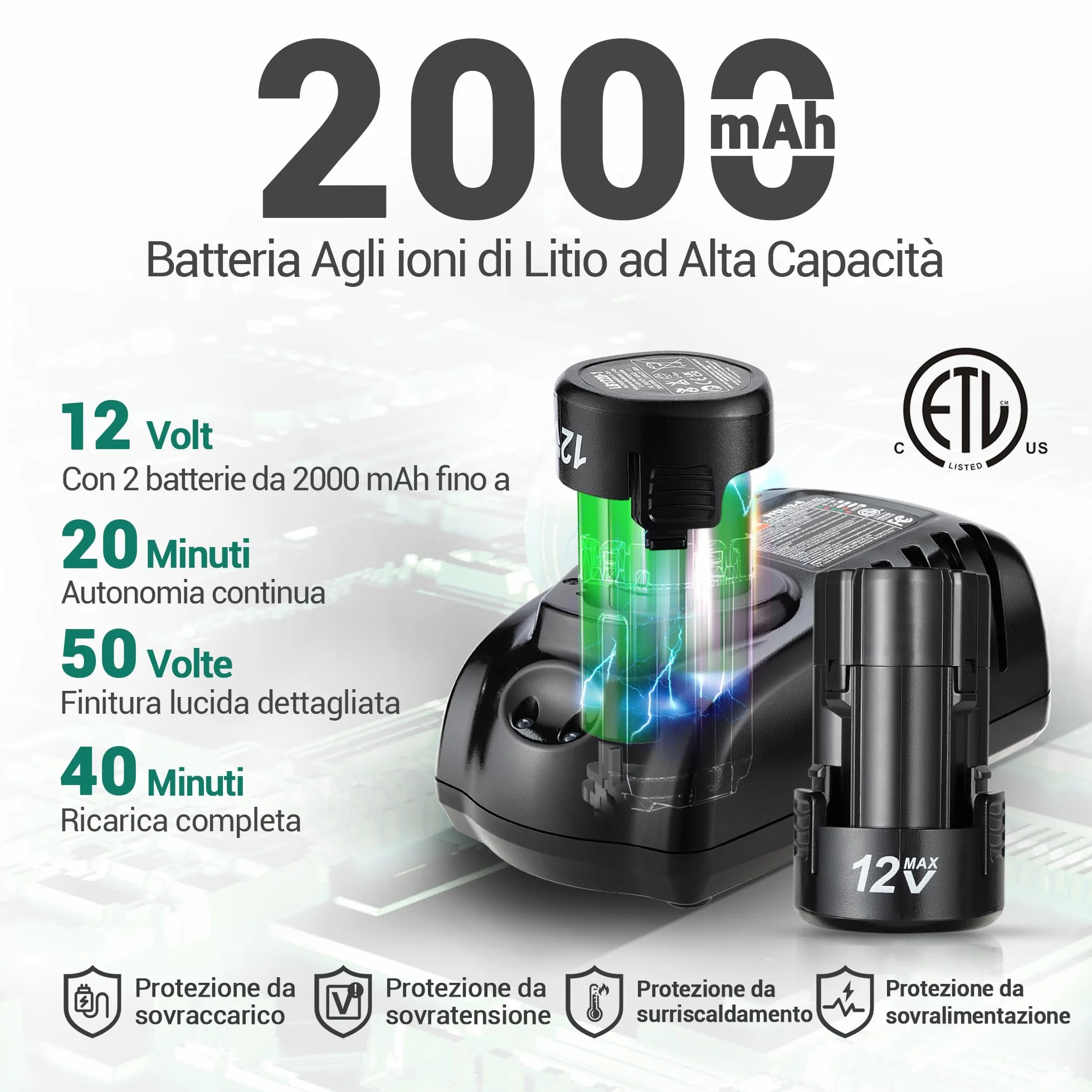 DCA Lucidatrice Auto a Batteria 12V 75mm Mini Lucidatrice Rotativa Senza Spazzole 50mm Levigatrice 2 Batterie 2,0Ah 2 Velocità 2800-8300 RPM