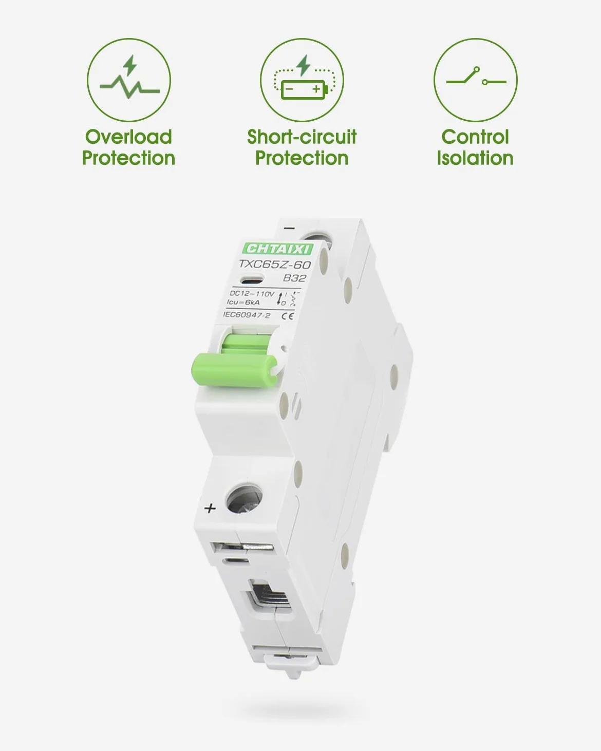 Interruttore automatico in miniatura, 12 V-110 V CC, 32 Amp 1 polo, protezione per interruttore batteria per sistemi solari fotovoltaici e camper, viaggio magnetico termico, montaggio su guida DIN