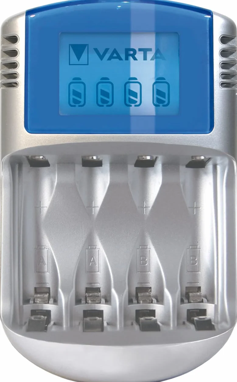 Varta Caricabatterie LCD per AA/AAA con 4 Batterie AA 2600 mAh, Adattatore 12V e Cavo USB Inclusi