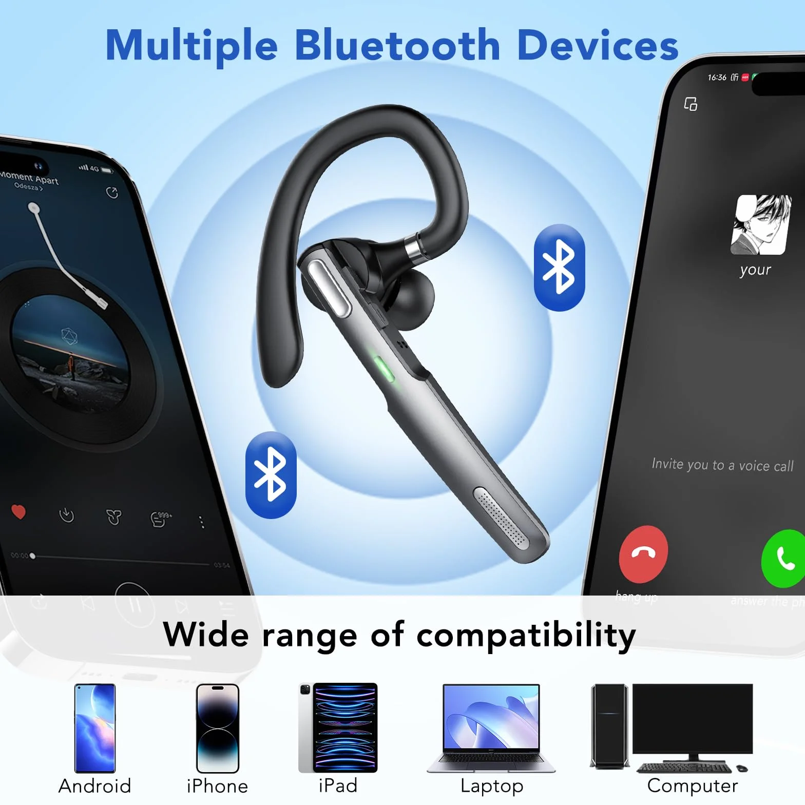 Auricolare Singolo Bluetooth V5.3, CVC Cancellazione Rumore Cuffie Wireless Bluetooth con Doppio Microfono, 100 Ore Di conversazione per Guida/Lavoro for iOS Android