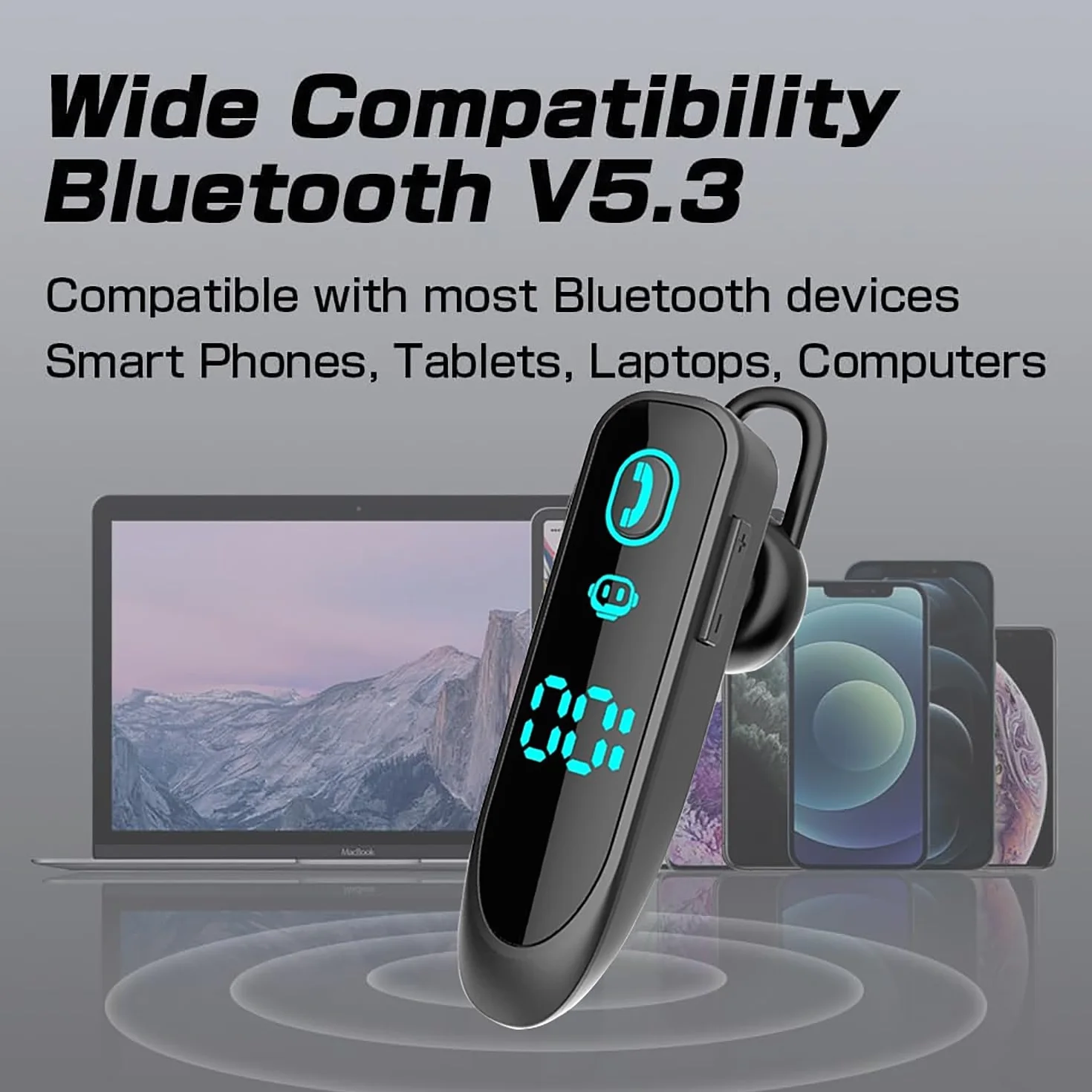 eppfun Auricolare Mono Bluetooth 5.3, Cuffia Mono Wireless con Cancellazione del Rumore Mic per Ufficio Lavoro Guida