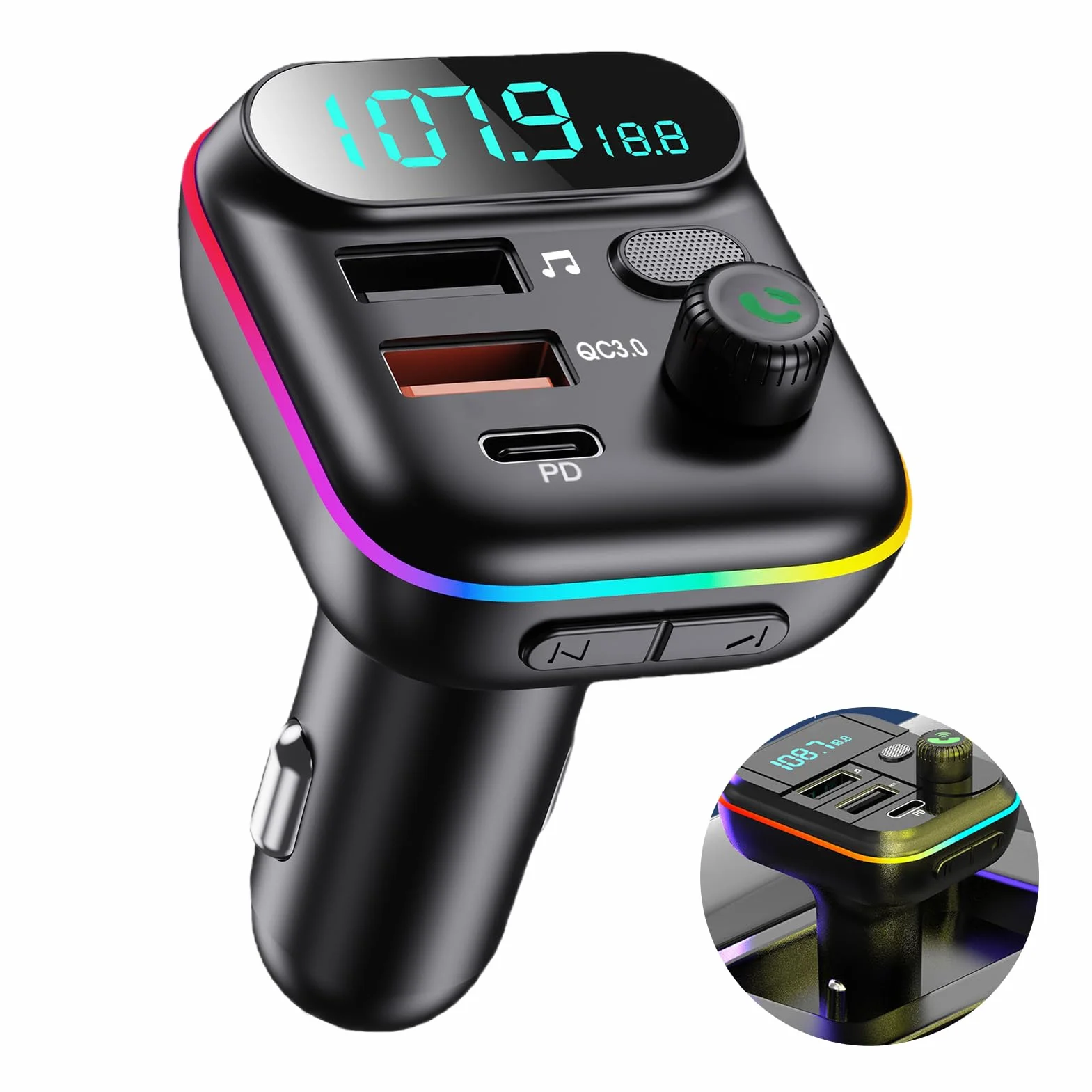Trasmettitore FM Bluetooth Auto 5.0, Adattatore Bluetooth Audio QC3.0 Ricarica Rapida 2USB y 1PD 18W per Chiamate Vivavoce e Musica, Accendisigari con LED Display, Supporta USB e TF