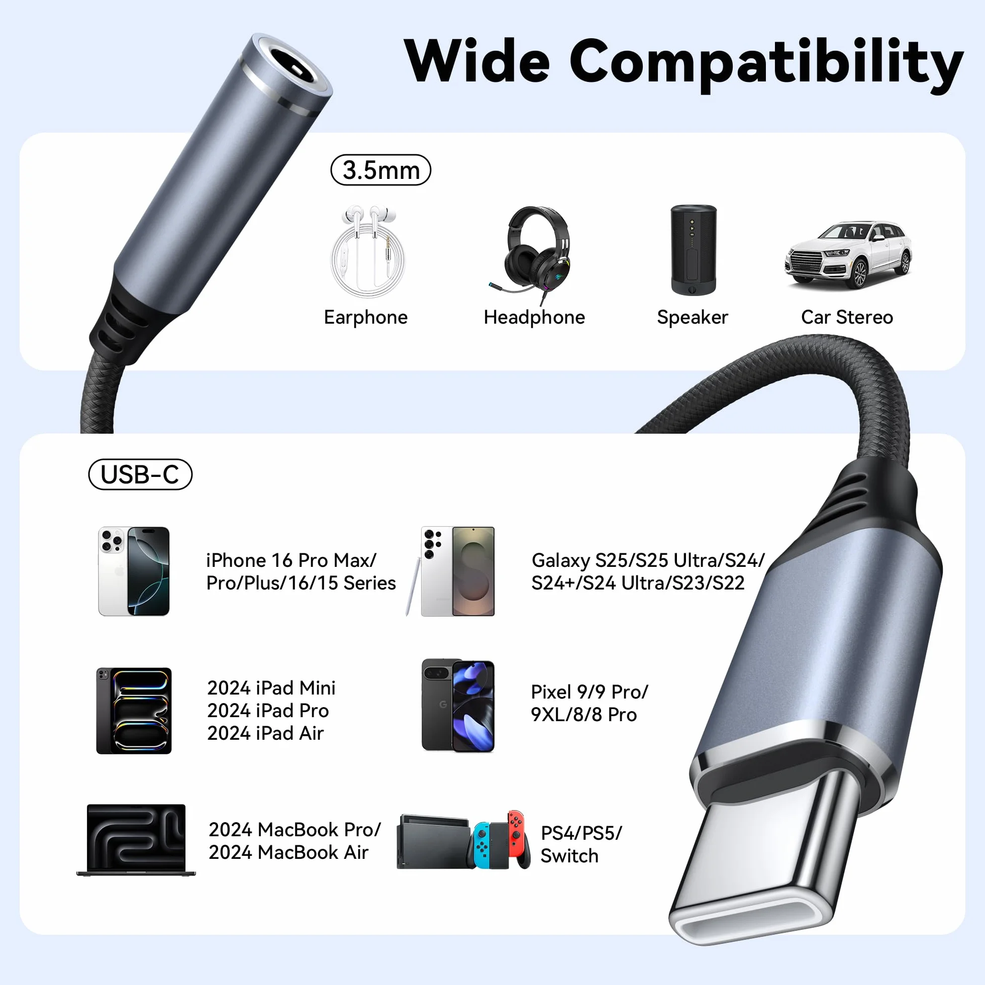 Amzpas Adattatore Jack per Cuffie USB C a 3.5mm, Adattatore Audio USB C a Cavo Dongle Aux per Samsung Galaxy S22 S21 S20 Ultra S20 + Nota 20 10 S10 S9 Plus, Pixel 4 3 2 XL, iPad e altro