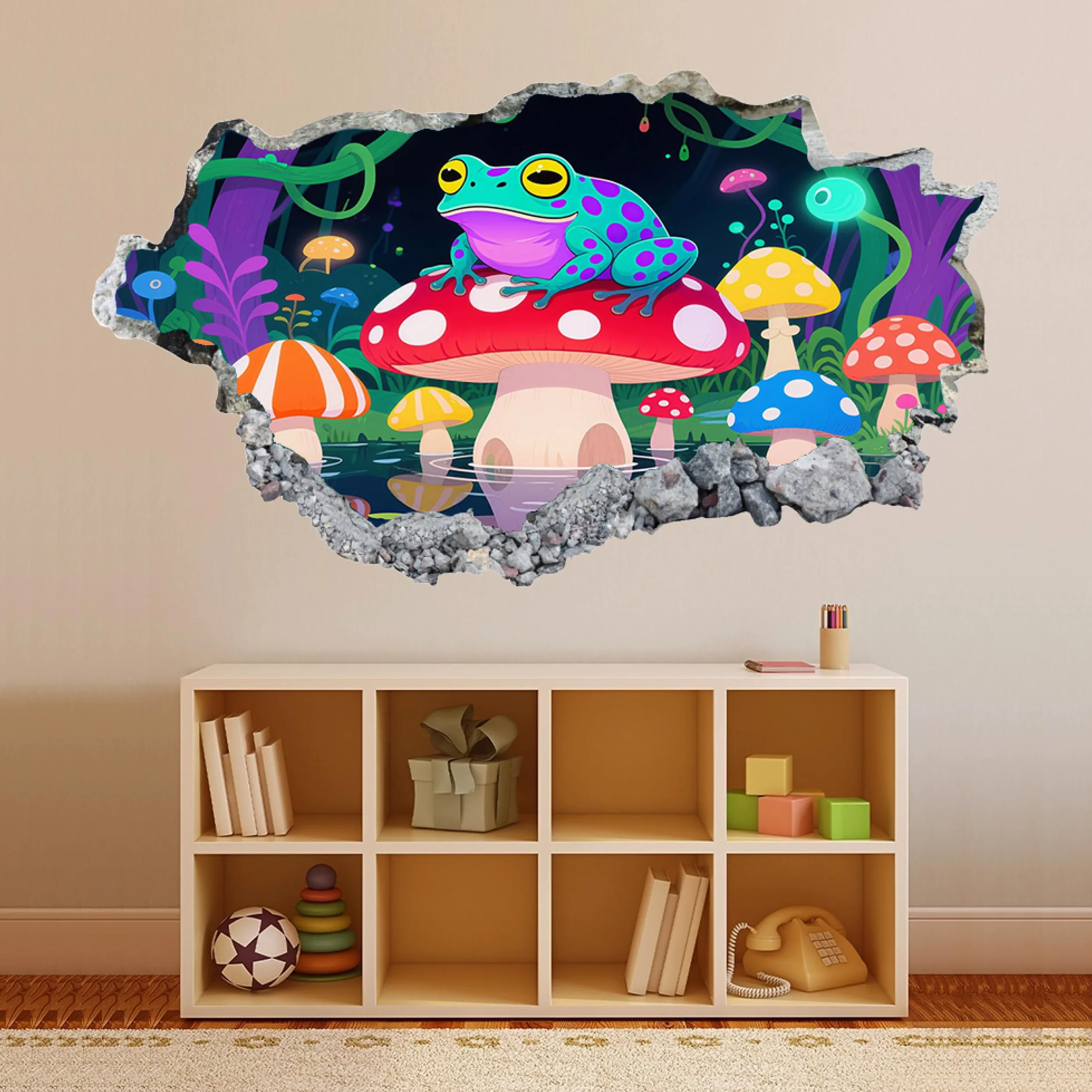 Adesivi 3D per decorazioni murali distruttiFungo Rana Adesivo da parete Tatuaggio da parete per la decorazione della parete della cameretta dei bambini 70x122cm