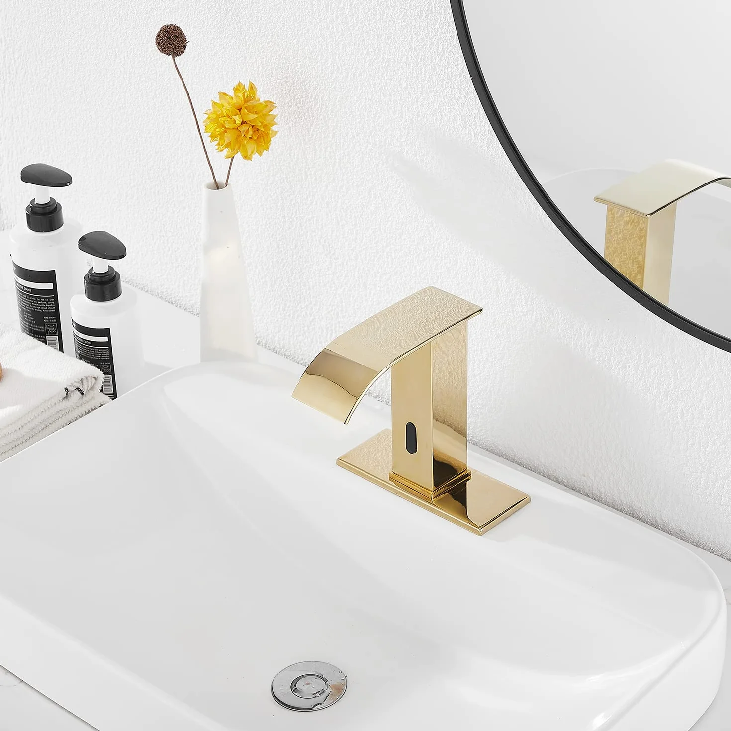Oro Lucido Bagno Rubinetto Touchless Sensore Automatico Lavandino con Coperchio Foro Rubinetto Vanity Mani Free Cascata Scatola Controllo Miscelatore Temperatura