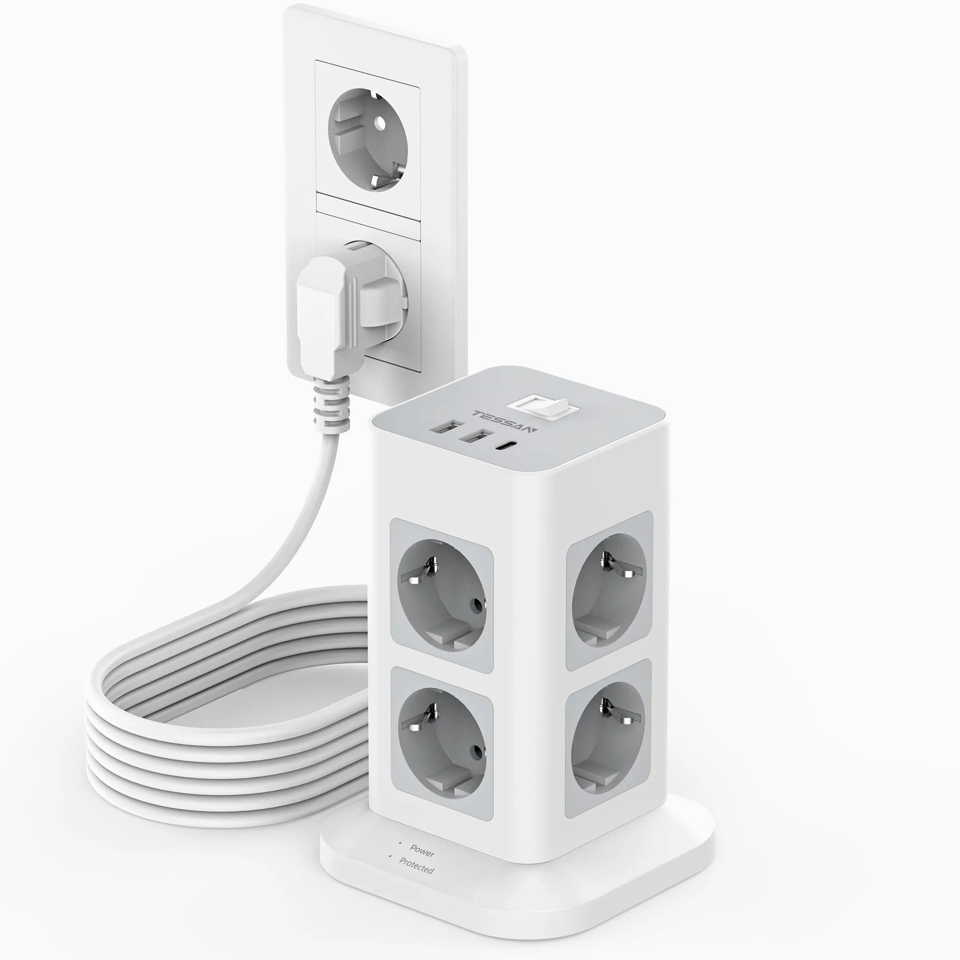 TESSAN Ciabatta Multipresa con USB, Multipresa Elettrica con 8 Prese e 3 USB, Protezione Sovratensione 1700J, Ciabatta Elettrica con Cavo 5M e Interruttore, Grigio