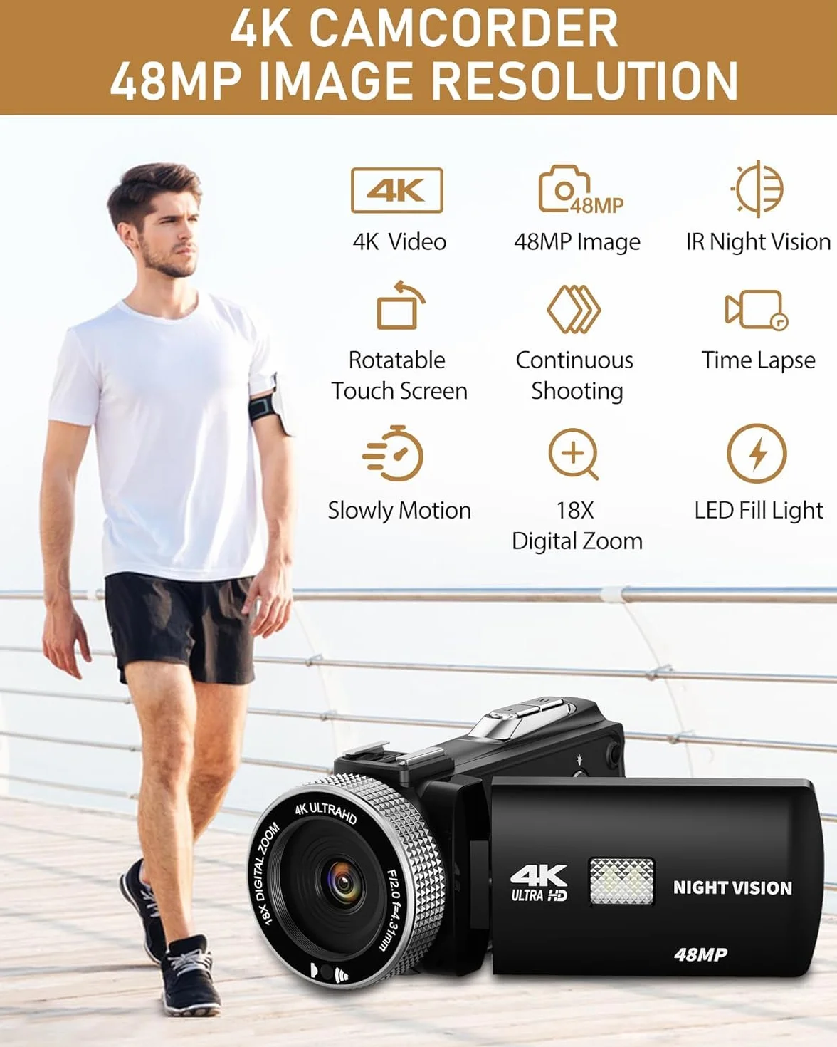 Videocamera 4K 48MP con Visione Notturna IR, Zoom Digitale 18X 3.0'' Rotazione 270° Touchscreen Vlogging Camera per YouTube, Camcorder con Telecomando, Microfono, Scheda TF da 32 GB, 2 Batterie