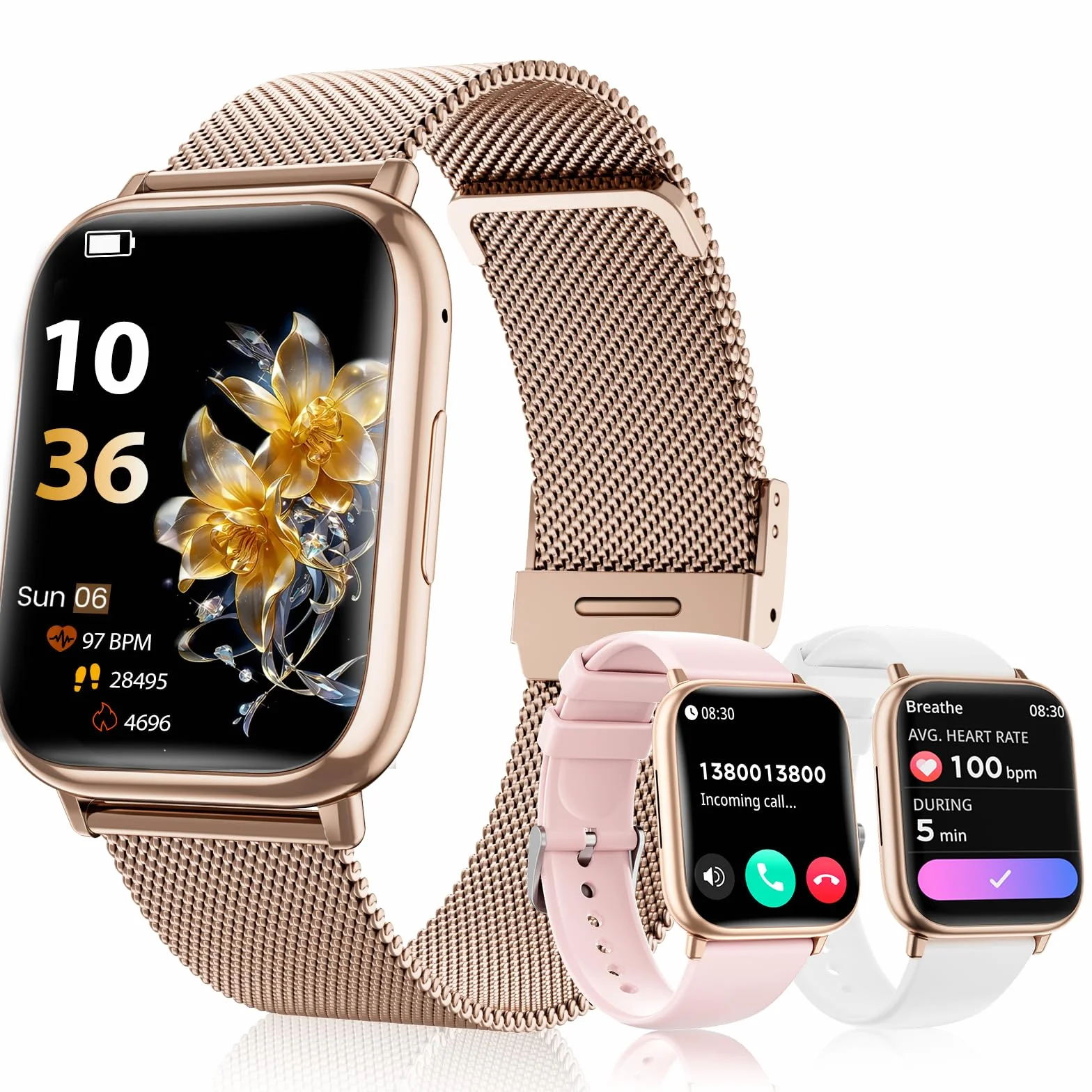 SLOKSFil Smartwatch Damen mit Telefonfunktion, 3 Armbänder 1.83" HD Fitness Tracker mit 24H Pulsmesser SpO2 Schlafmonitor 120+ Sportmodi IP68 Schrittzähler Smart Watch für iOS Android Roségold