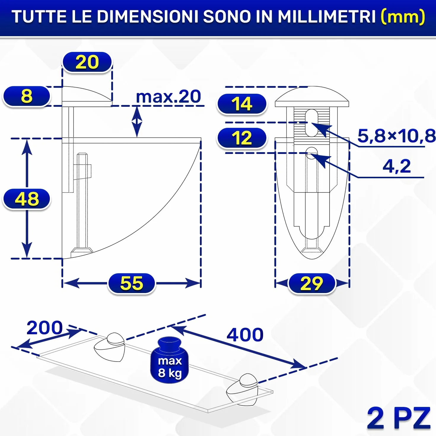 MONTERAL Reggimensola Vetro Lega Zinco-Alluminio 2 Pezzi Carico Massimo 8 kg Ripiani Fino a 20 mm