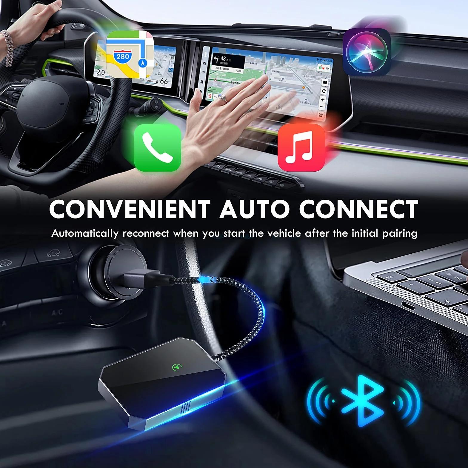 Adattatore Wireless CarPlay per iOS, Adattatore Wireless i-Phone Auto Converte CarPlay Cablato in Wireless, Plug and Play, USB C a A Dongle Wireless CarPlay Adatto per il 90% delle Auto