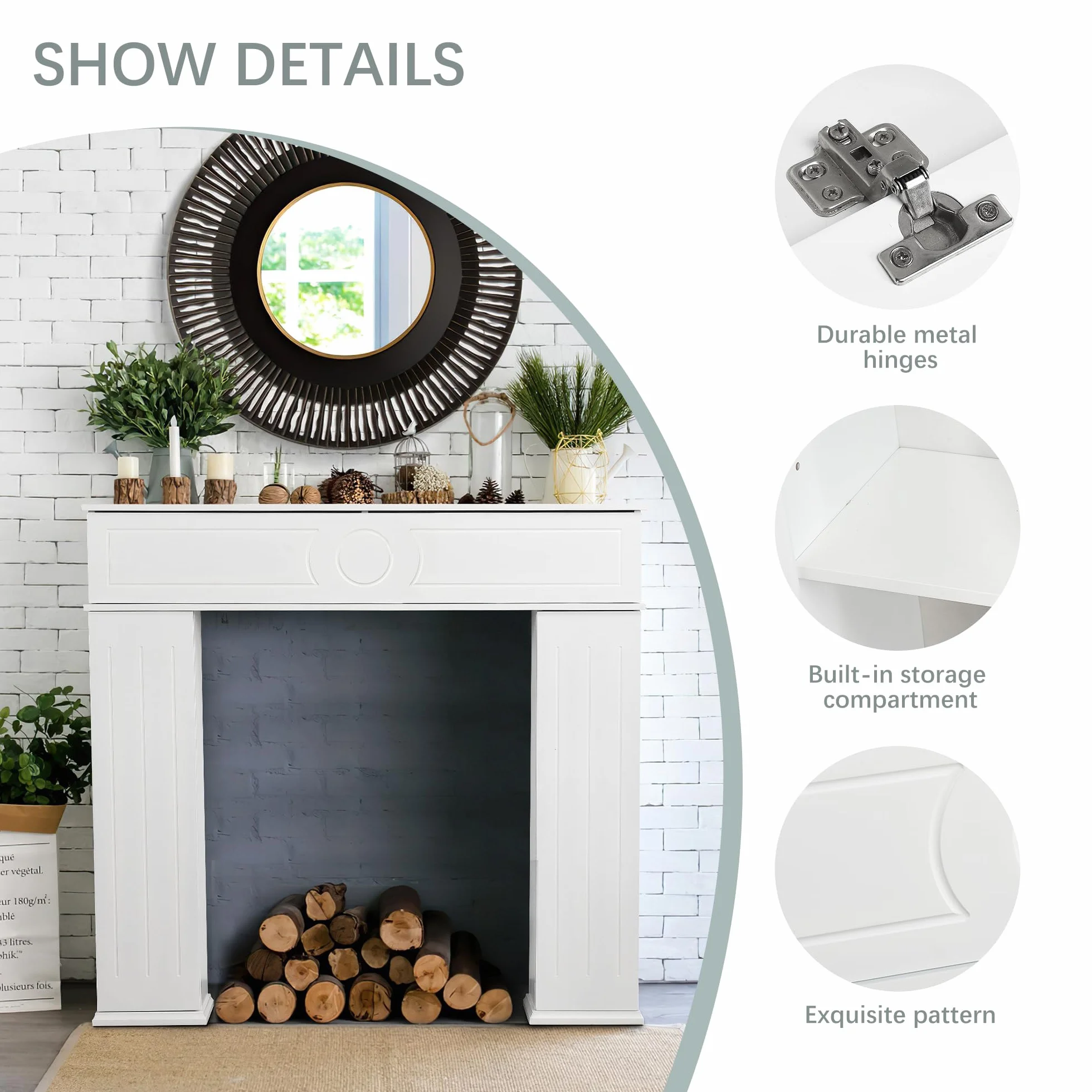 Cornice decorativa per camino in legno 3 porte con vano portaoggetti e scomparto segreto