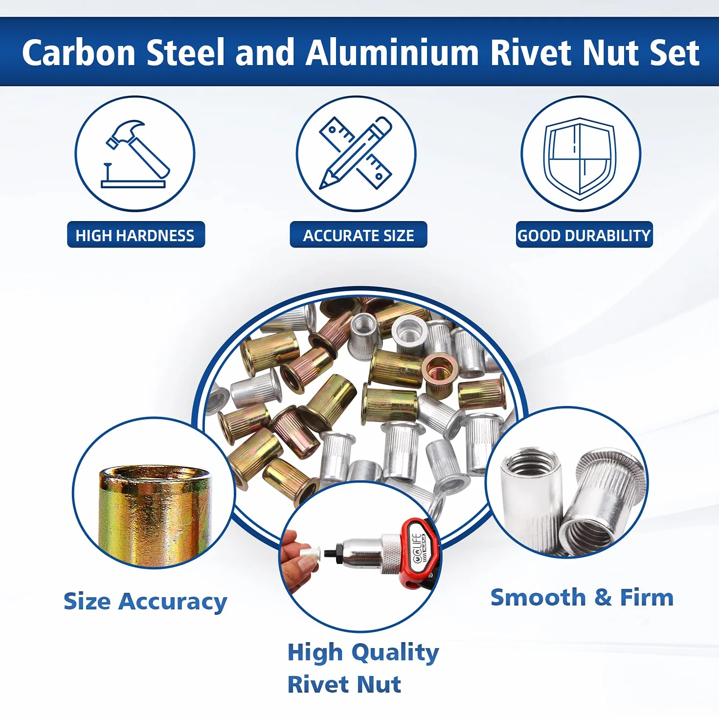CCLIFE 500 Pezzi Rivetto Filettato in Acciaio M3 M4 M5 M6 M8 M10 Testa Piatta Dadi Rivetti con Scatola