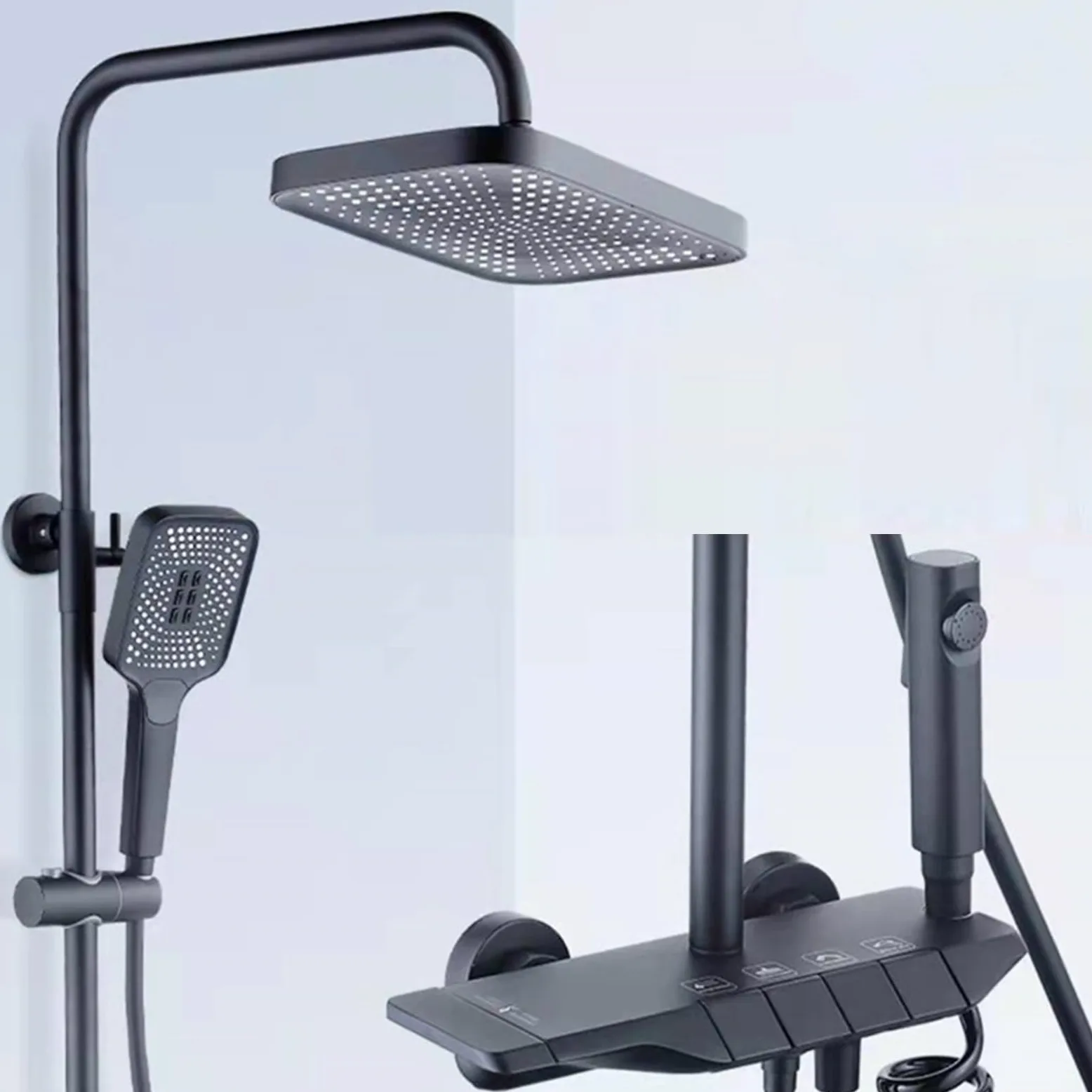 Set Miscelatore termostatico per Doccia, Sistema Regolabile in Altezza, Rubinetto per Vasca a 4 funzioni con soffione Quadrato e doccetta ad Alta Pressione a 3 modalità (Nero)