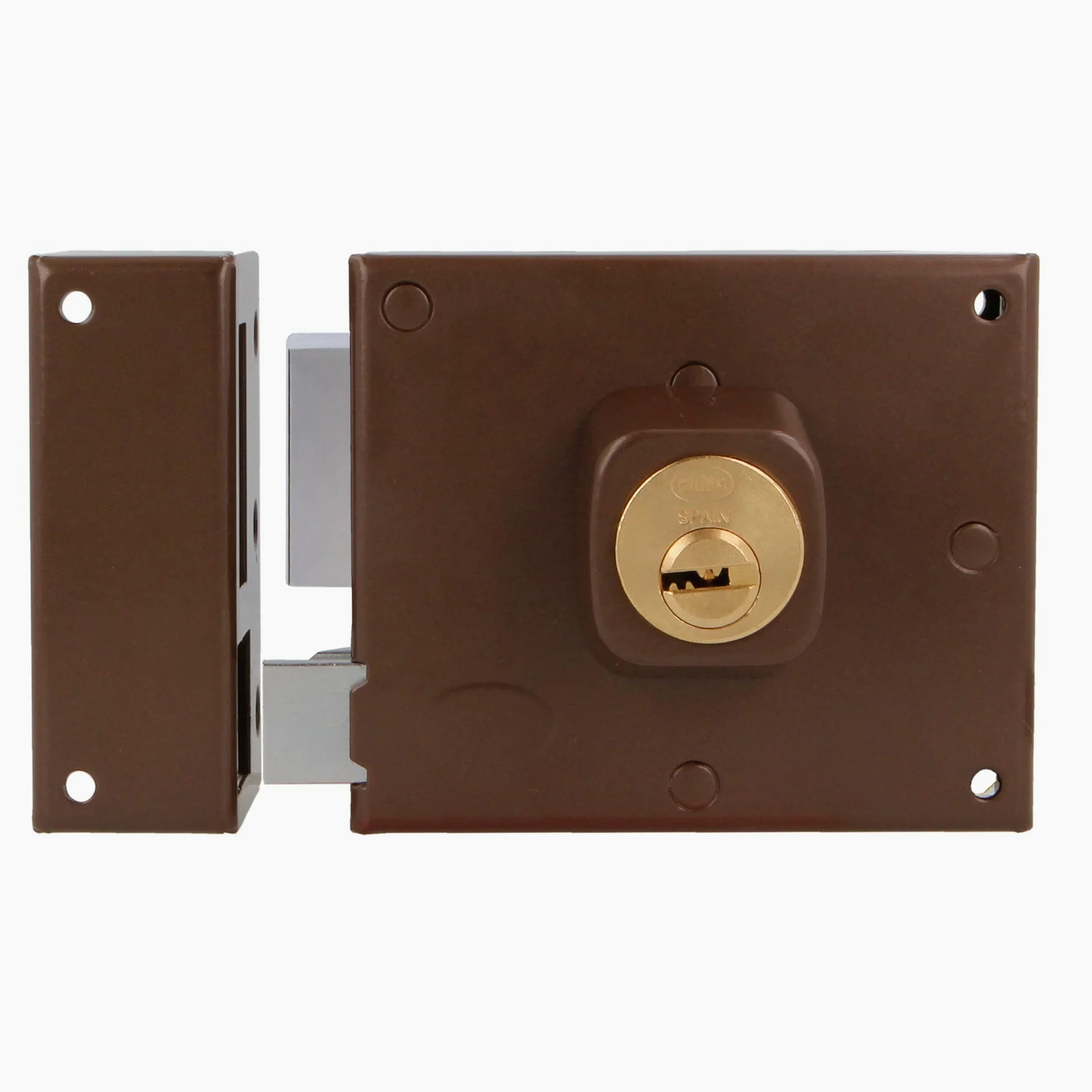 Amig - Serratura Sovrapposizione Sinistra Mod. 72 - Con leva, linguetta e maniglia - Sicurezza migliorata con cilindro rotondo, per porte in legno, marrone, 100 x 85 mm