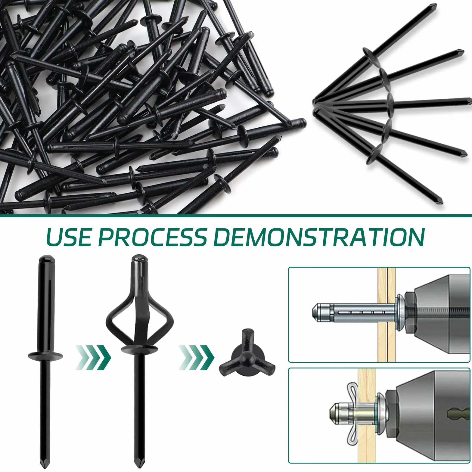 Set di 60 rivetti ciechi in alluminio neri Tri Fold Exploding per industria costruzione
