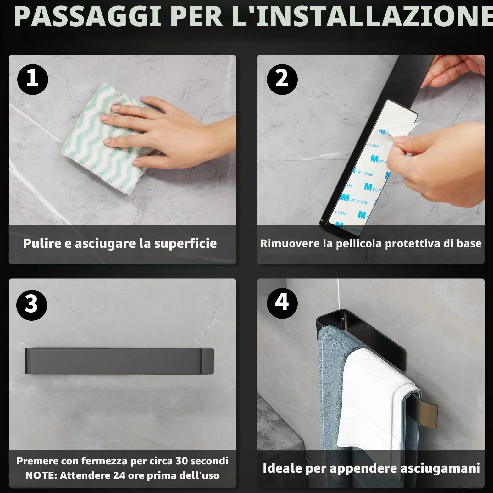 Vista Porta Asciugamani Bagno Adesivo da Parete Nero 25cm SUS304 Acciaio Inox Senza Foratura