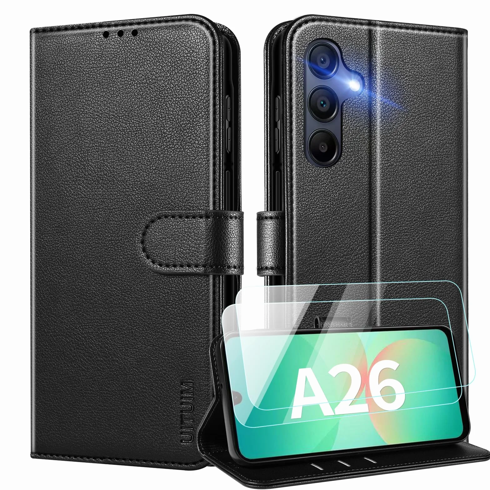 Cover per Samsung Galaxy A26 5G Custodia con 2 Vetro Temperato Pellicola a Libro Portafoglio in Pelle Porta Carte Case Protettiva Cover,Nero