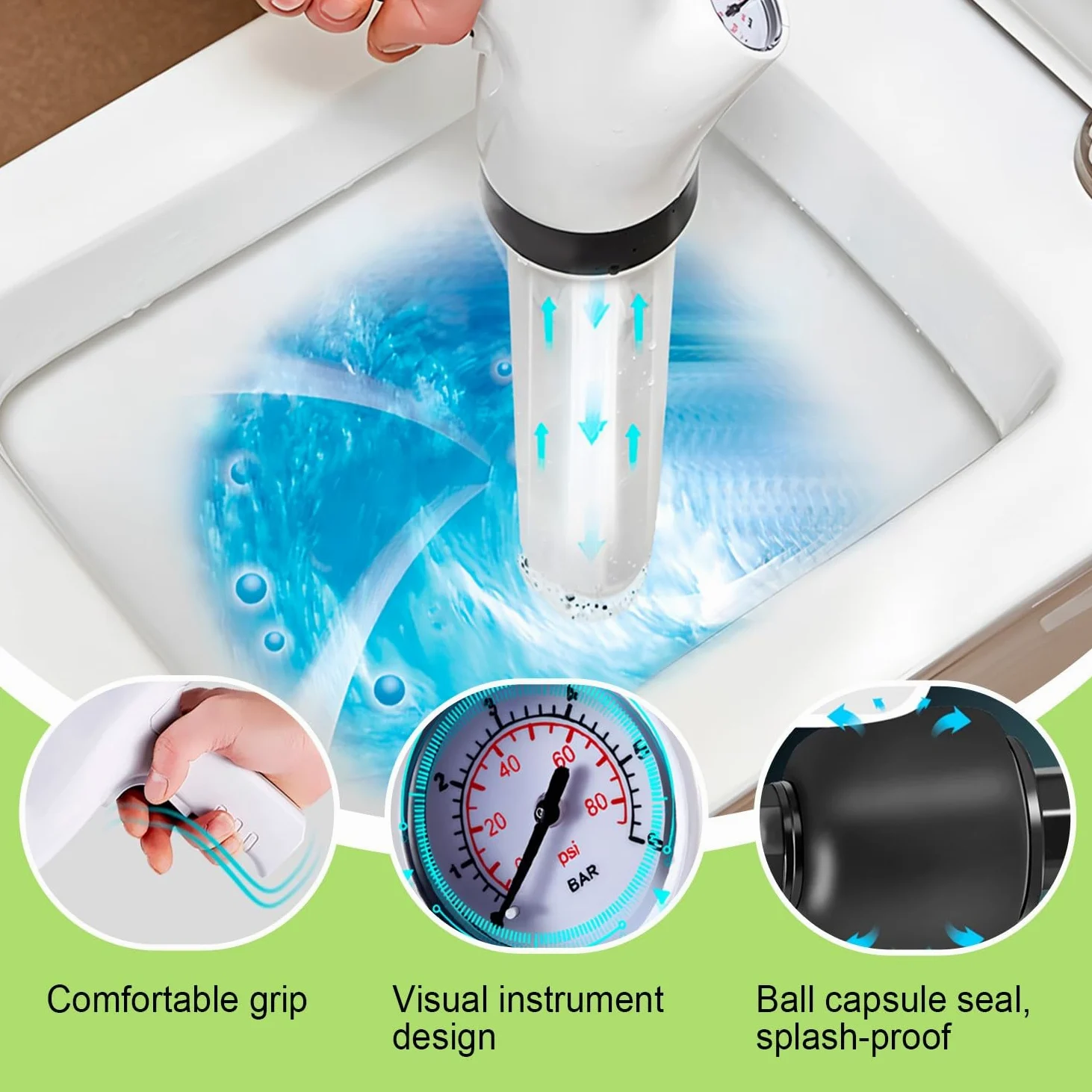 Sturalavandini a Pressione Pompa Stura Scarichi a Pressione Stantuffo Stura WC ad Aria Compressa con 4 Teste Sostituibili, Barometro, per Cucina, Vasca da Bagno, Bagno
