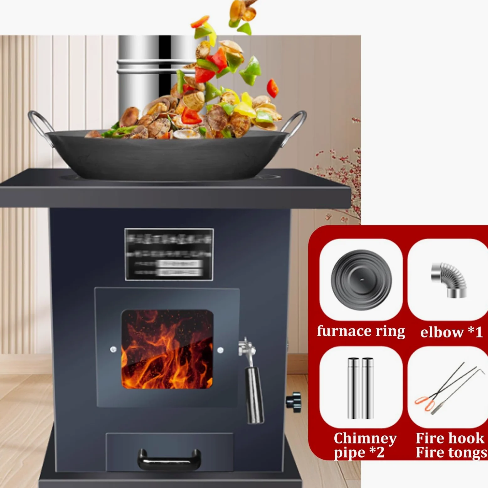 Stufa a legna resistente, rivestimento interno in ghisa, corpo in acciaio, stufa a legna con tubi per camino e forno per riscaldamento interno ad alta efficienza energetica