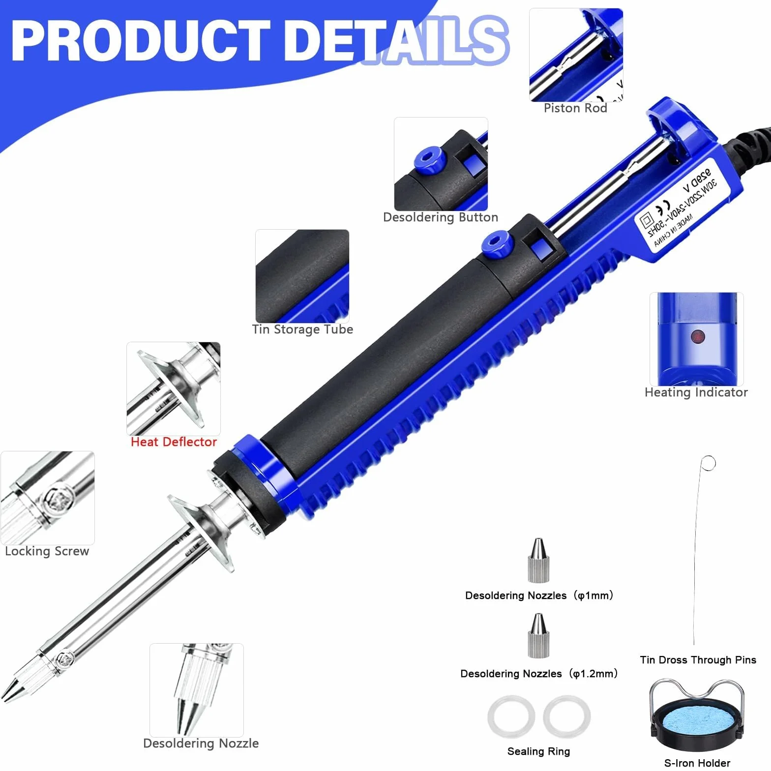 Saldatore a Stagno Professionale 240V 30W Pompa Dissaldante Elettrica con Ugelli 1,0mm 1,2mm