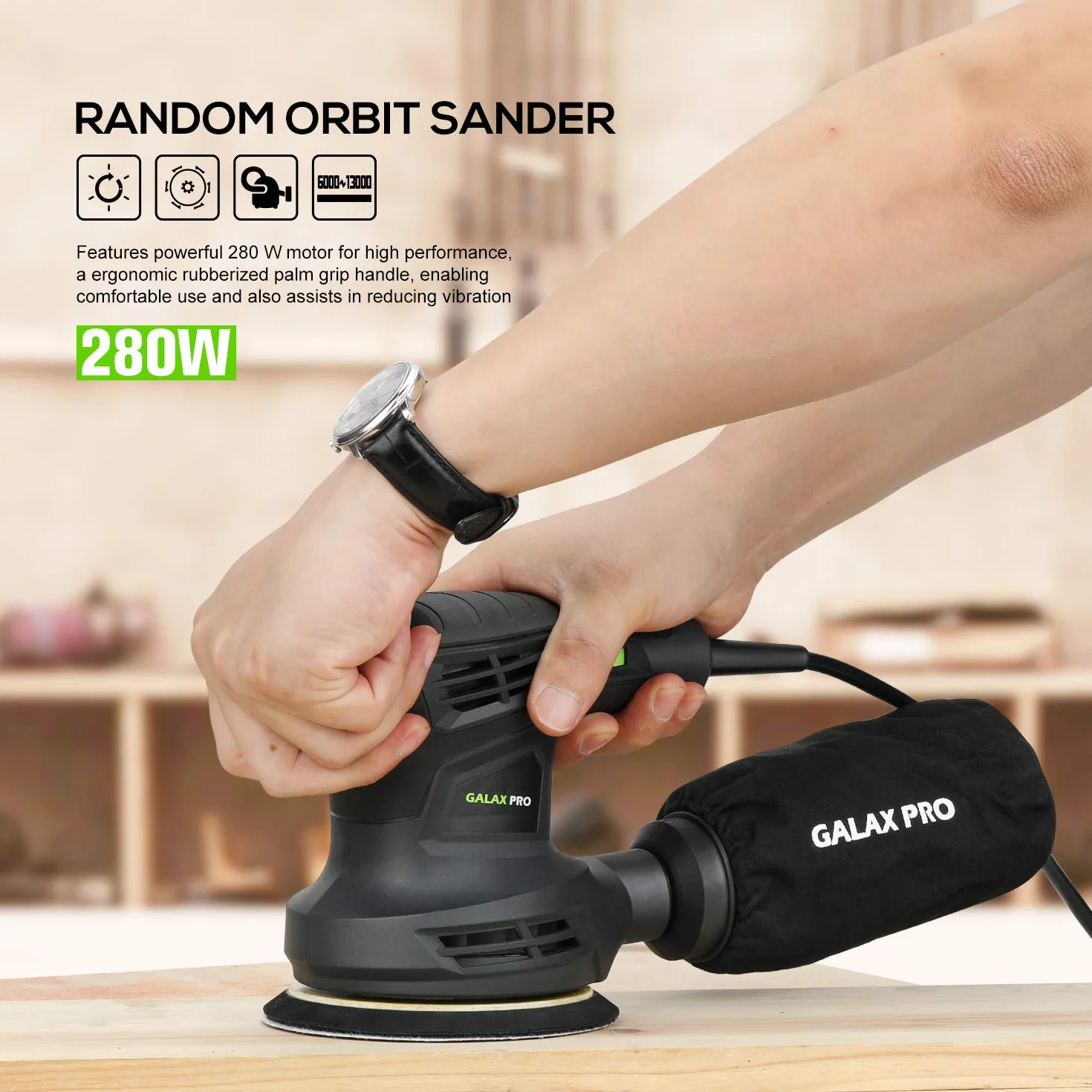GALAX PRO Levigatrice Orbitale, 280W 6 Velocità Variabili 6000-13000 RPM Levigatrice Rotorbitale, 15 pezzi 125mm Dischi abrasivi, Polvere sistema di raccolta, ideale per DIY