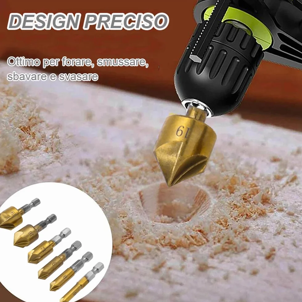 Svasatore Conico HSS Titanio Rivestito Codolo Esagonale Alesatore Fori 6-19 mm 6 Pezzi