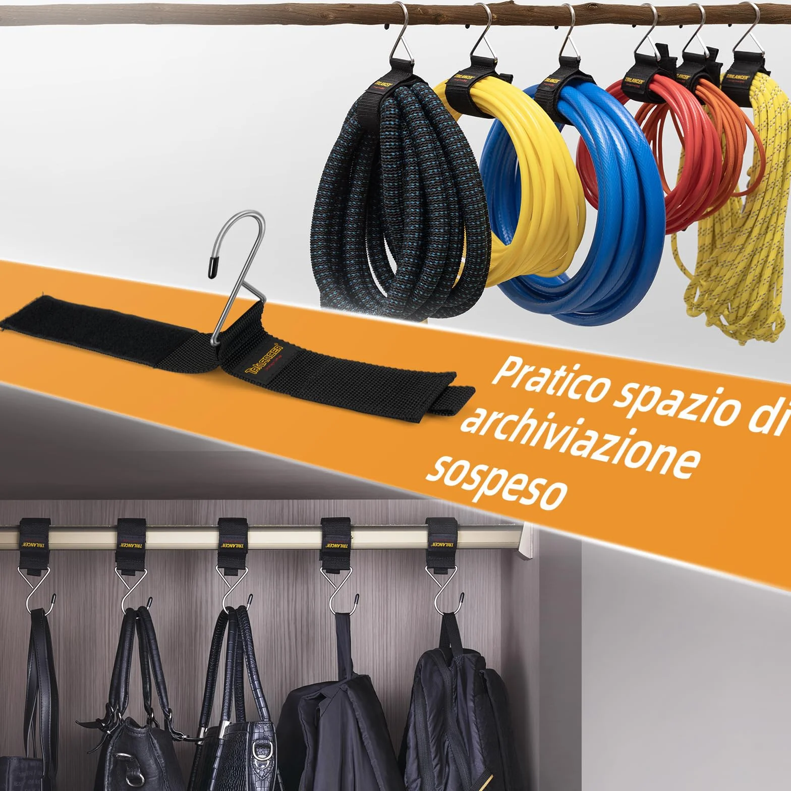 Trilancer Organizzatore per Cavi 6 Pezzi Cinghie con Gancio in Metallo da Parete