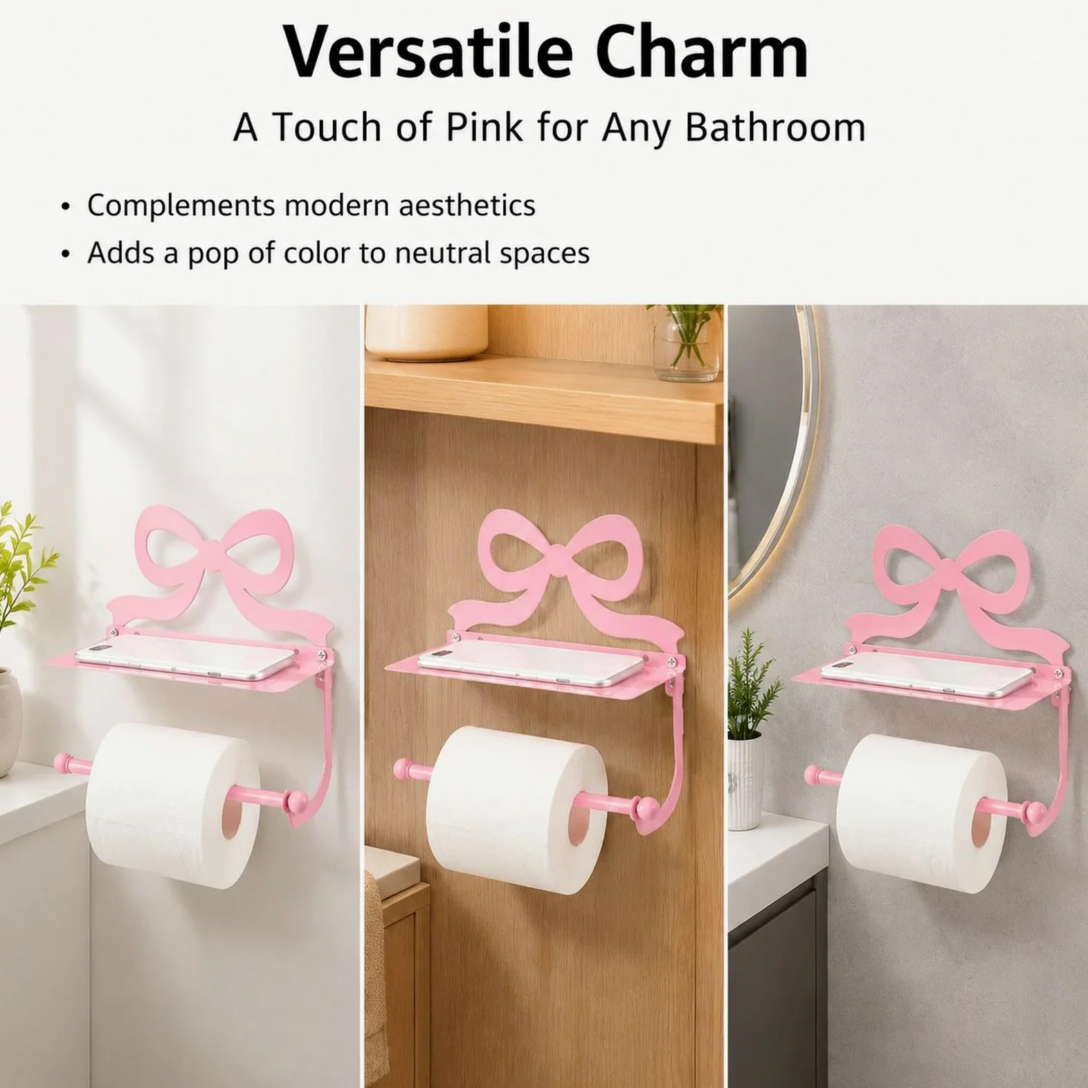Colcolo Portarotolo di Carta Igienica in Metallo con Ripiano Integrato per Cellulare, Decorativo, Da Parete, per Bagno, Doccia