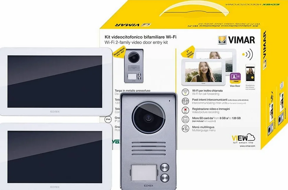 Vimar K40946 Kit Videocitofono Smart Bifamiliare con 2 Monitor Touch Screen Vivavoce, Targa Audiovideo 2 Pulsanti con Cornice Parapioggia, 2 Alimentatori Multispina, Bianco