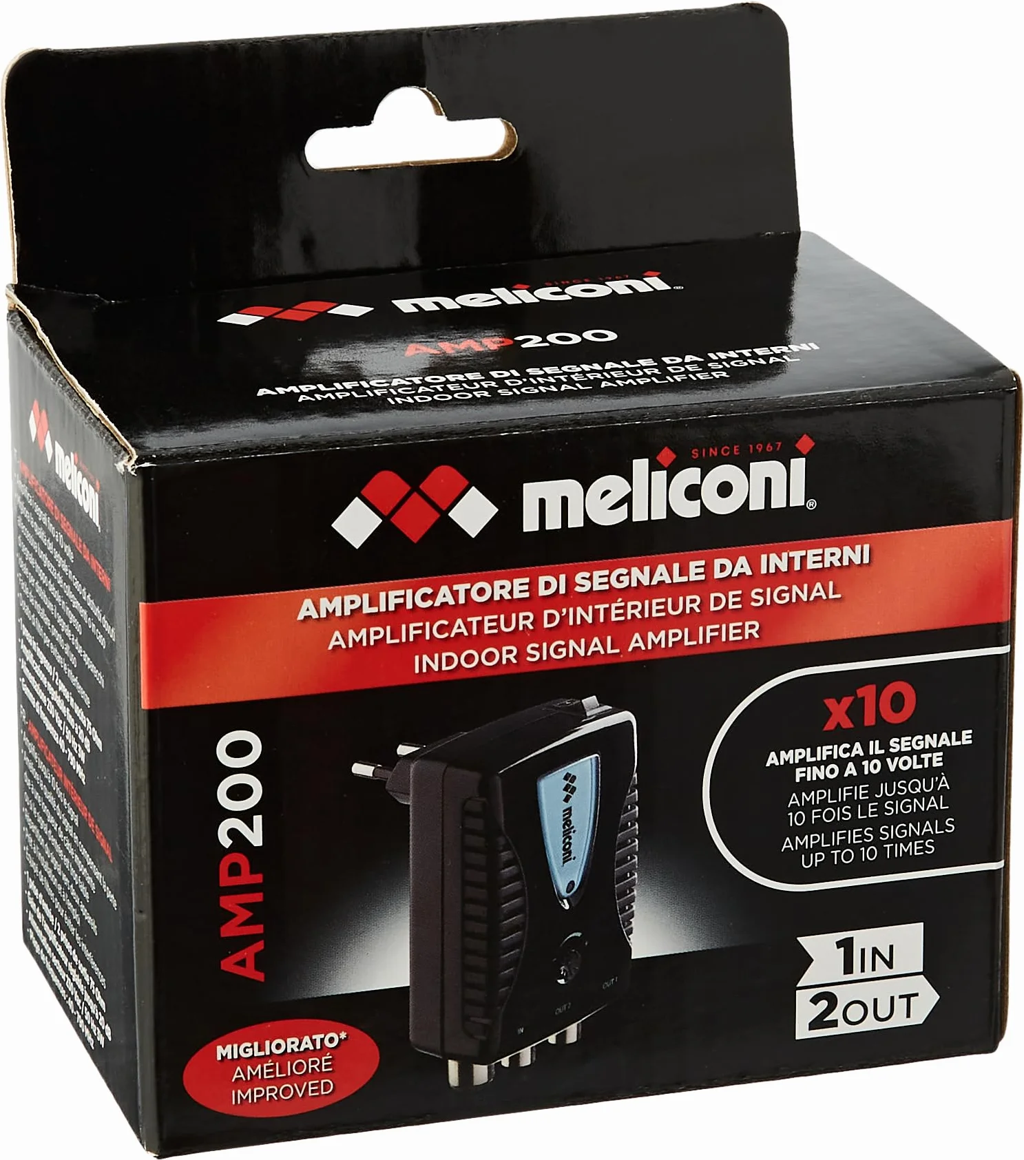 Meliconi AMP200, Amplificatore Segnale Digitale Antenna TV, a 2 Vie, Alimentazione Diretta 230 Vac / 50 Hz 3W, Gamma di frequenza 40 – 790 MHz, 1 ingresso / 2 uscite 75 Ohm, fino a 20 dB