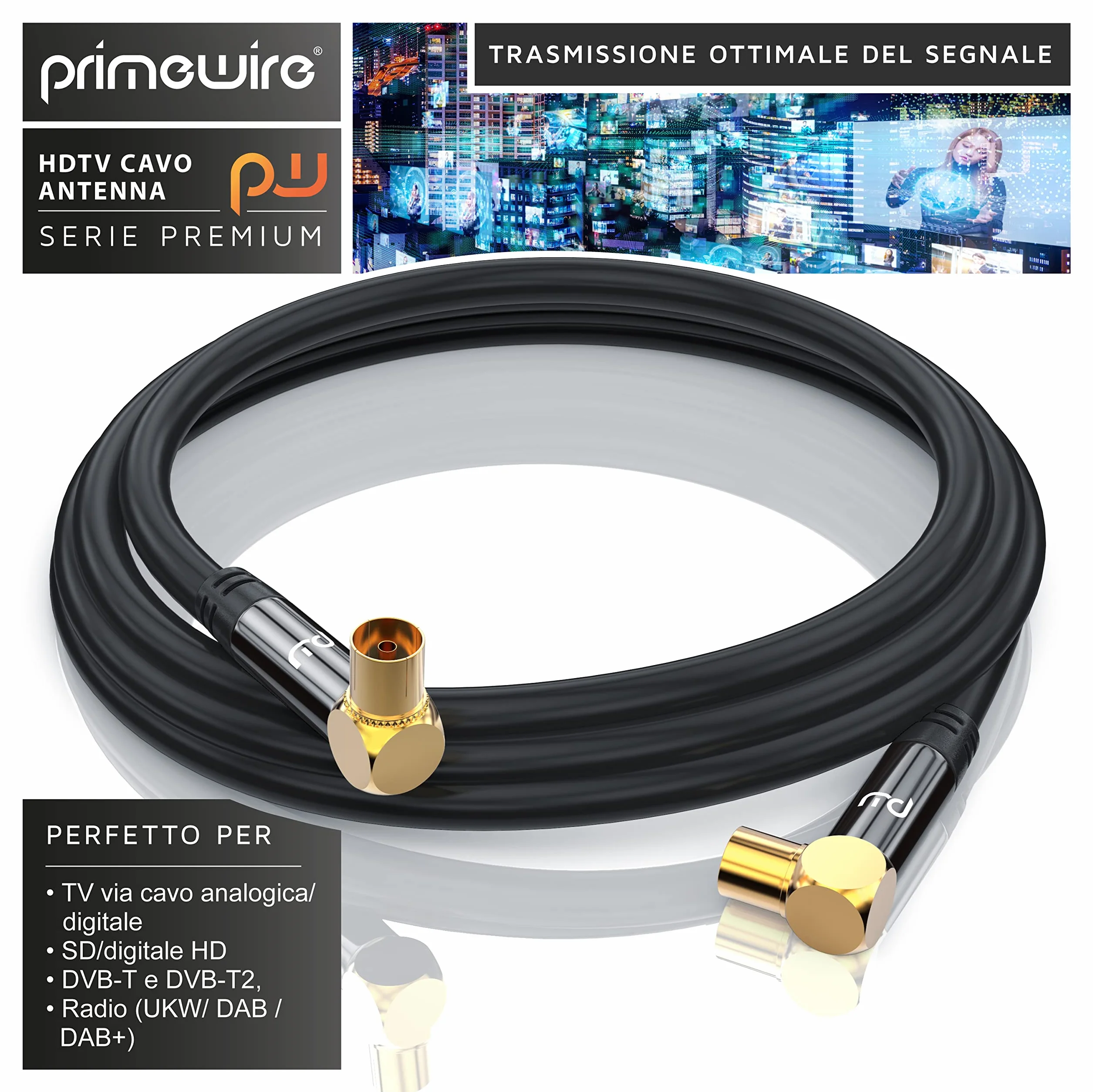1m Cavo Antenna a Gomito 90 Gradi maschio femmina - Serie Premium professionale - DVB-T Digitale terrestre UHF VHF - Connettori dorati - 75 Ohm - Resistenza 135dB – Spessore cavo 7,5mm – Nero