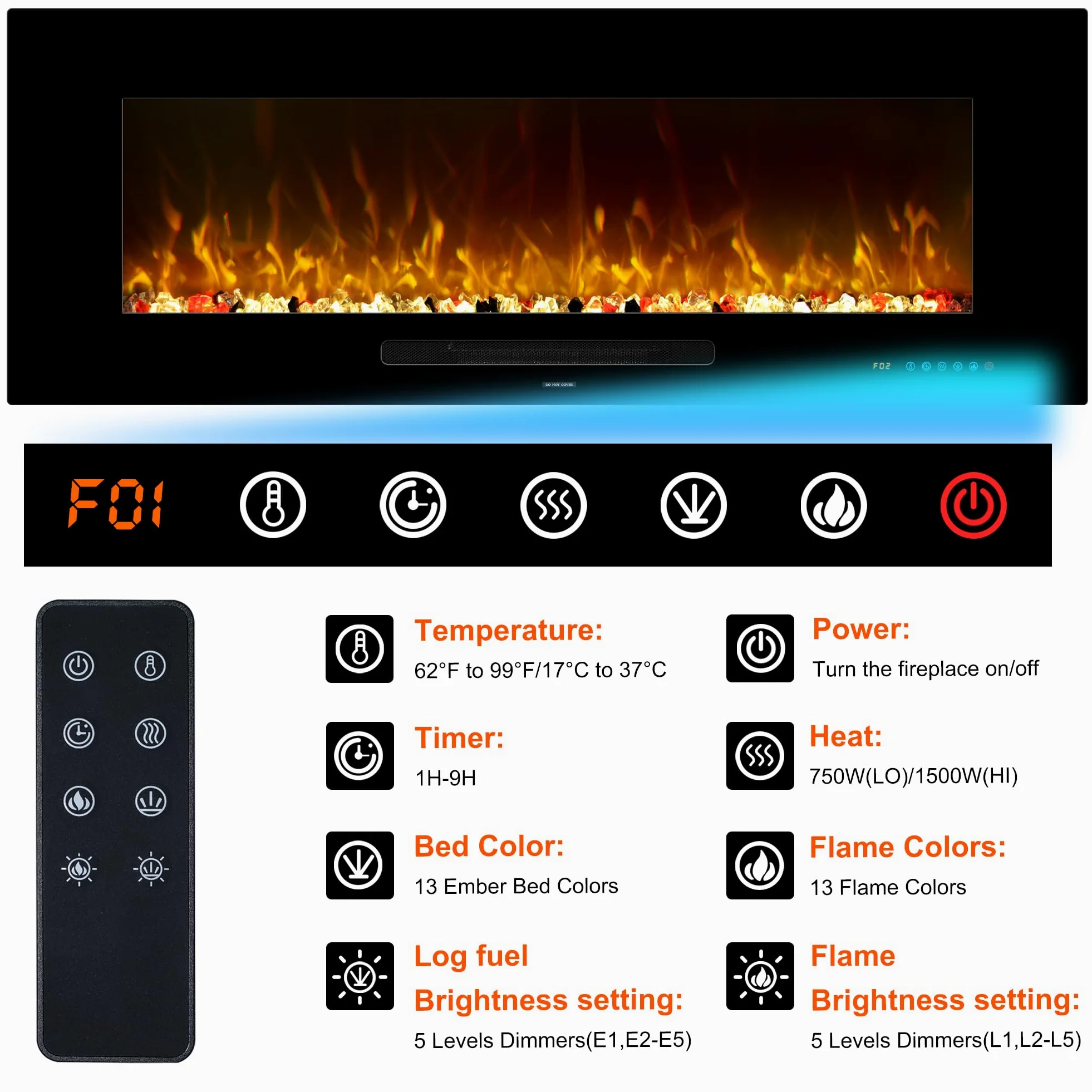 OxharkFlame - Inserto per camino elettrico da incasso, 127 cm, colore: Nero | Camino Elettrico Multicolore Fiamma, 750/1500W Termostato, Timer, Telecomando Touch Screen, Protezione Surriscaldamento