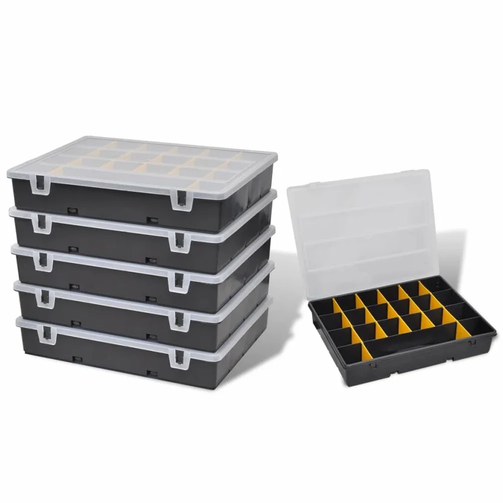 Set di 6 scatole portautensili con 21 scomparti, in polipropilene, organizer per officina, garage e cantiere, con manico e chiusura per riporre piccoli pezzi e sistema di organizzazione