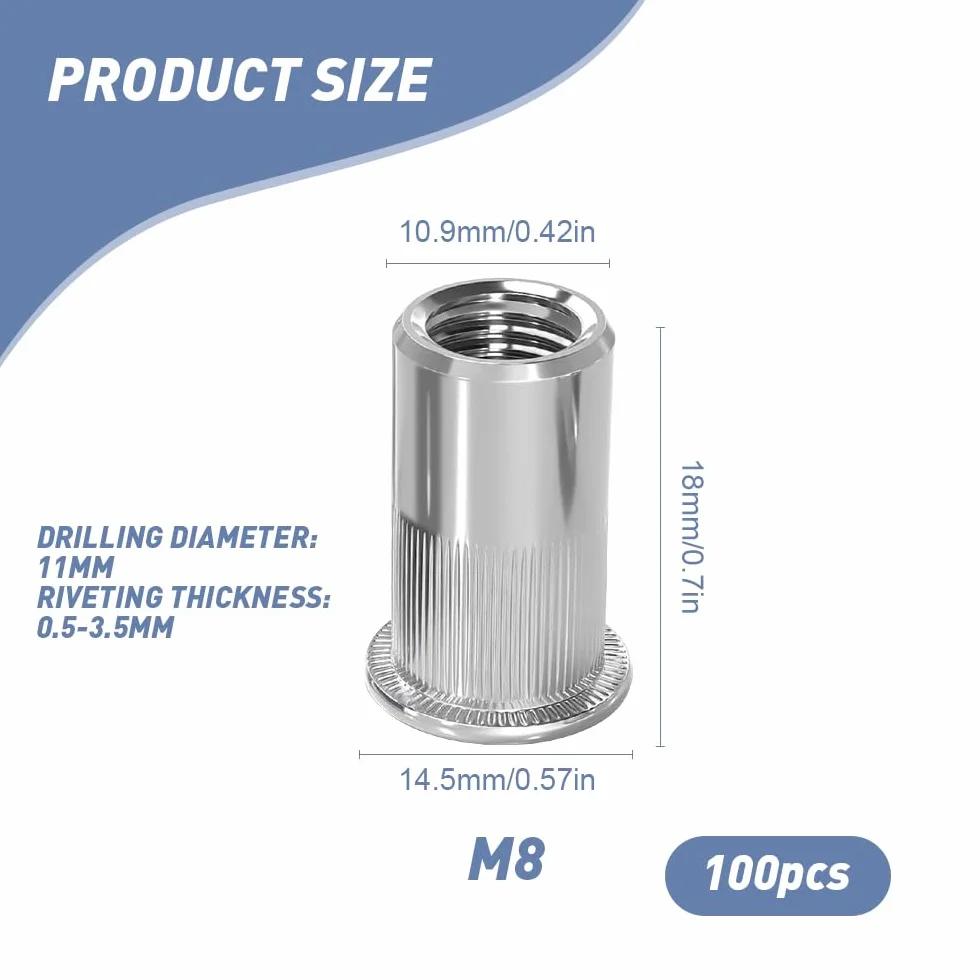 100 Pezzi Dadi Rivetti Filettati in Acciaio Inox M8 Inserti Filettati a Testa Piatta Per Pannelli in Metallo e Plastica