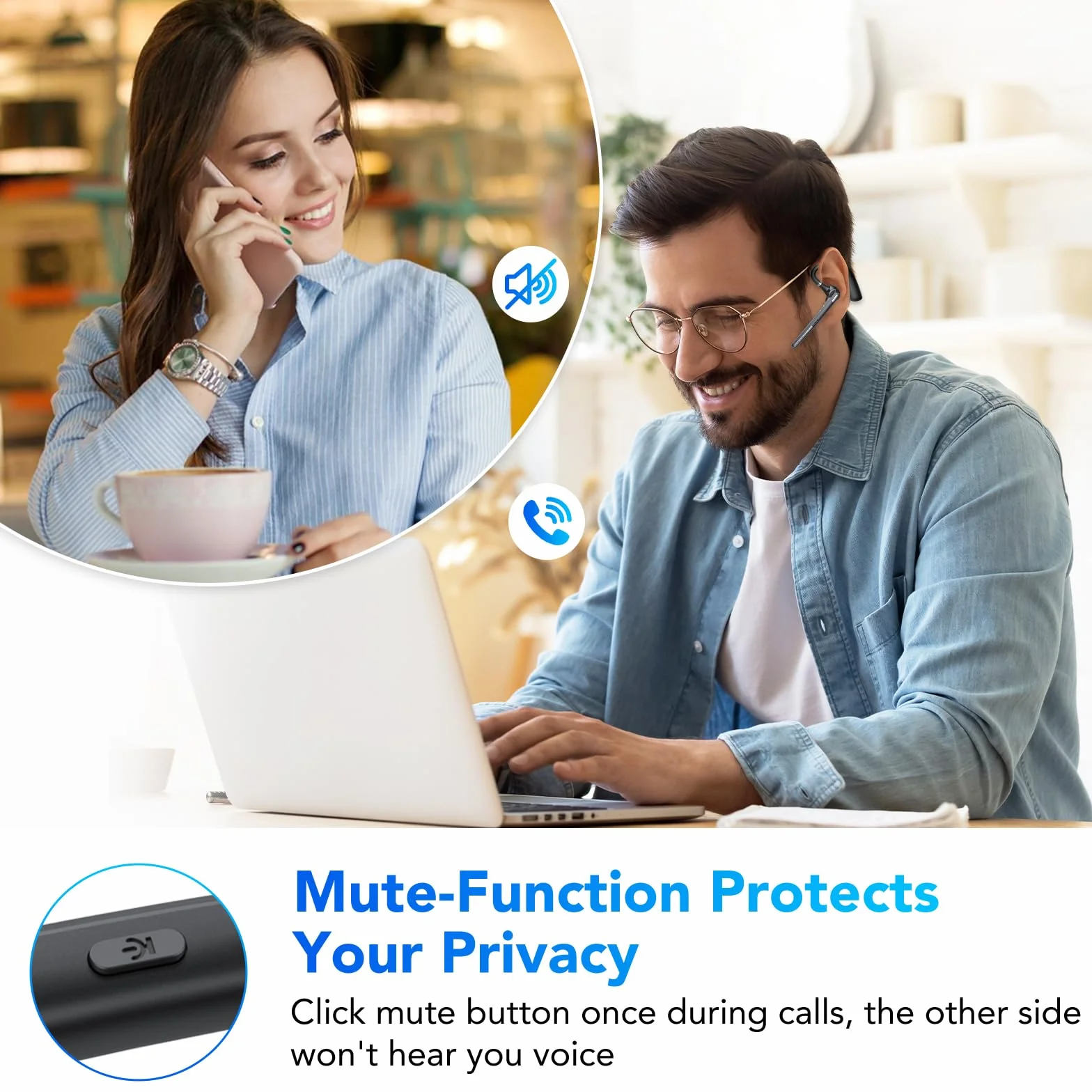 Auricolare Bluetooth V5.3, 60 Ore di Conversazione Cuffie Bluetooth Singolo con CVC8.0 ENC Doppio Microfono, Connessione a due Dispositivi, Display a LED, IPX7 impermeabile, Cuffie per la Guida/Affari