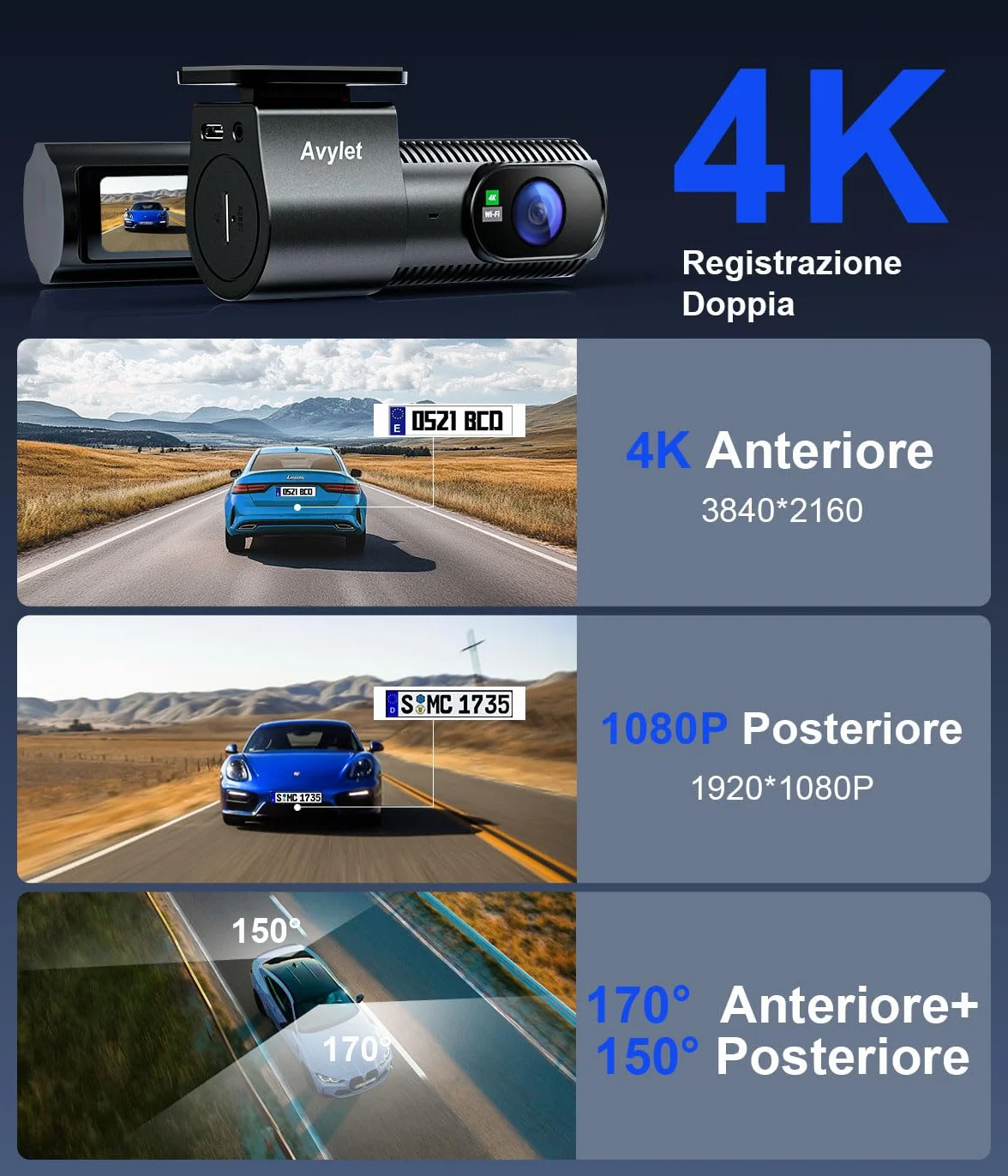 Avylet Dash Cam Auto 4K+1080P Anteriore e Posteriore, Schermo da 1,5", WiFi 5GHz, Grandangolo 170°+150°, Visione Notturna, Modalità Parcheggio 24H, WDR, App, G-Sensor, Loop, Supporta 256GB