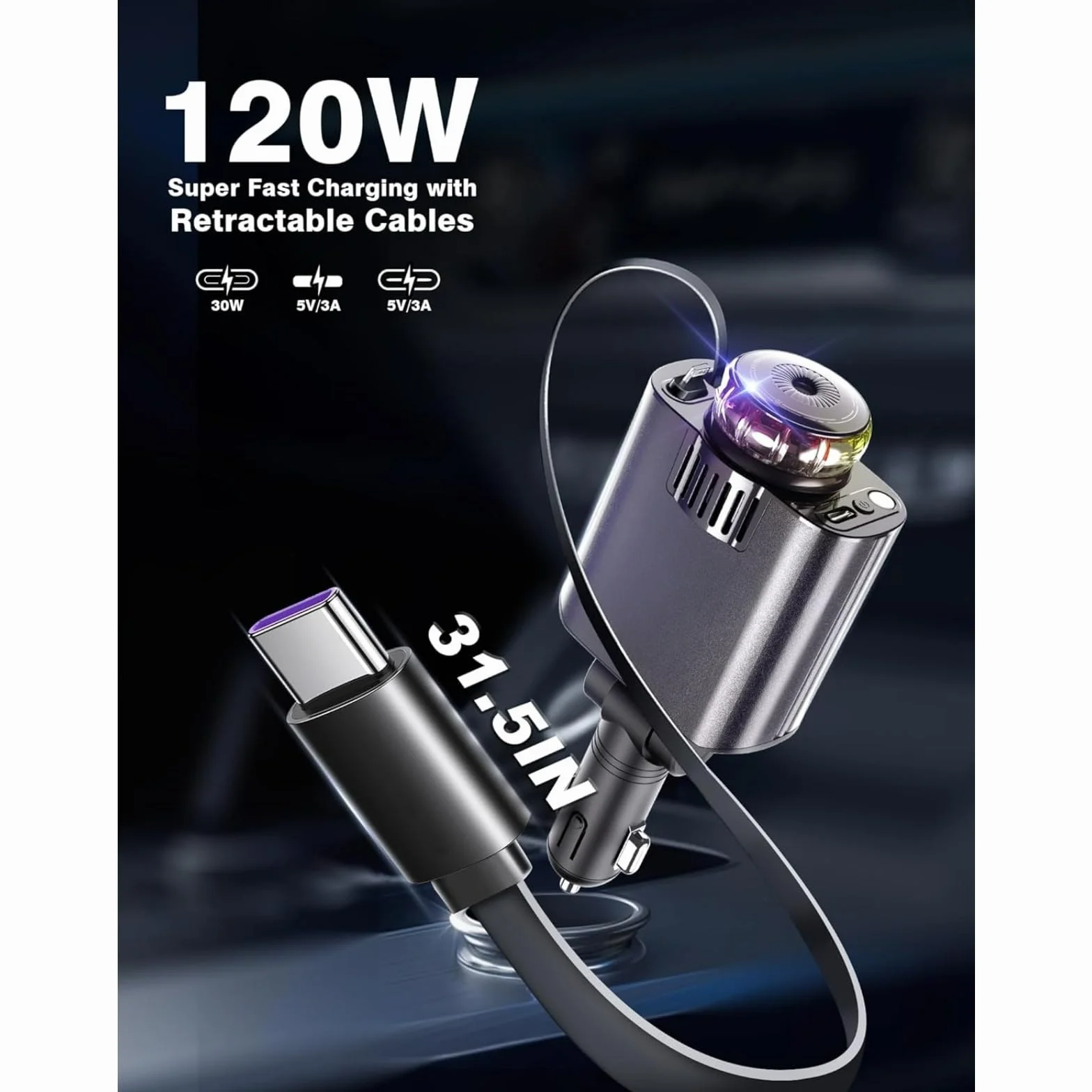 Starlight - Caricabatterie retrattile da auto USB-C da 120 W con aromaterapia, adattatore per accendisigari a ricarica rapida per iPhone 16/15/14/13/12/11, accessorio essenziale per auto, regalo per