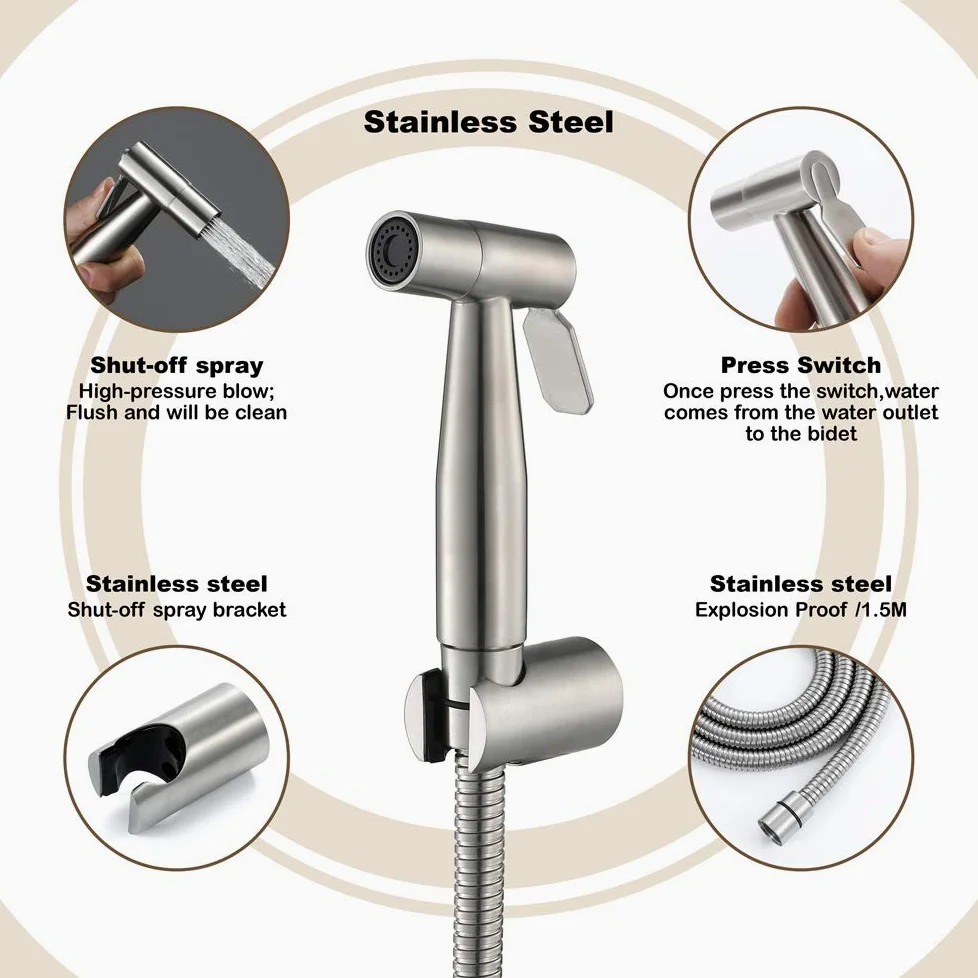 Rubinetti per WC, Set di rubinetti in Acciaio Inox 304 Spazzolato, spruzzatore con Tubo Flessibile per Doccia da 1,5 m, Tipo B (Tipo D)