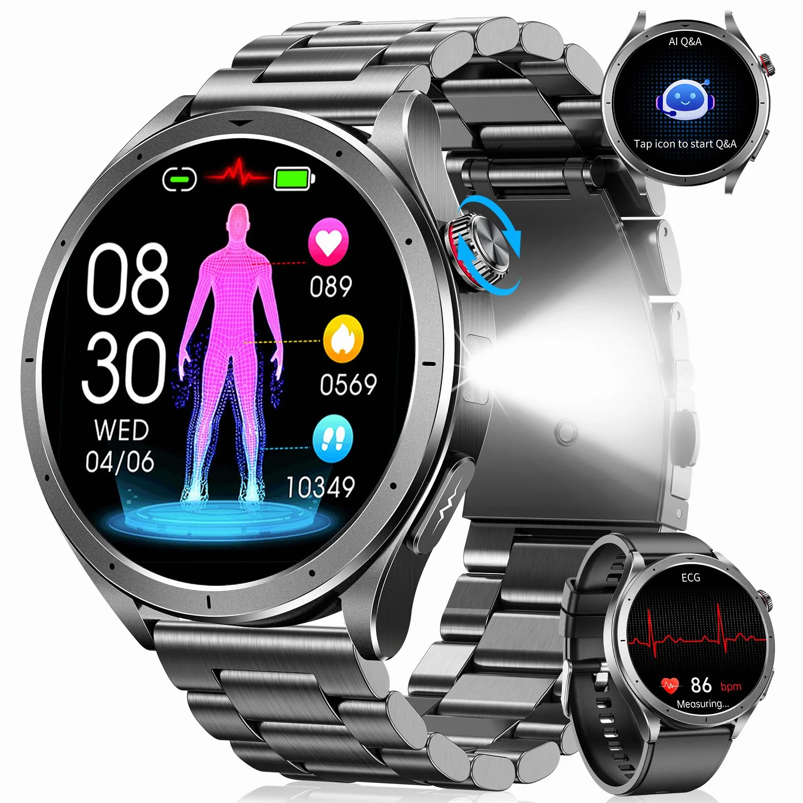 Smartwatch Uomo con ECG+HRV, AI GPT Orologio Uomo con Pressione Sanguigna, Frequenza Cardiaca, SpO2, 24H Sonno, 120+ Modalità Sportive IP68 Smartwatch Fitness, Notifiche Messaggi Android iOS Nero