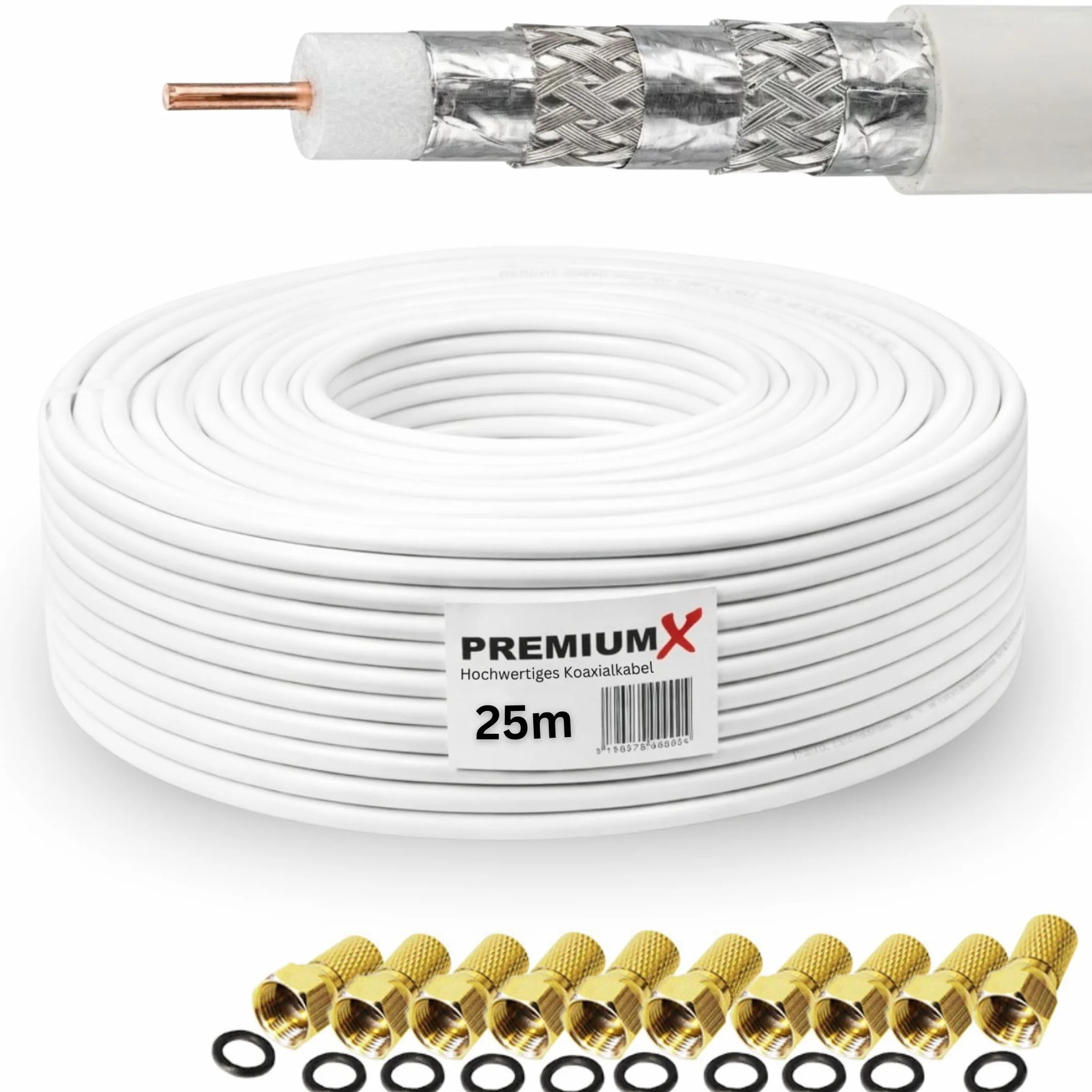 Premium X Cavo coassiale PROFI PRO 135 dB schermato a 5 vie, rame puro 25 metri Cavo antenna SAT 25m 135dB + 10x F-Plug 8,00mm a colori "GOLD" GRATUITO