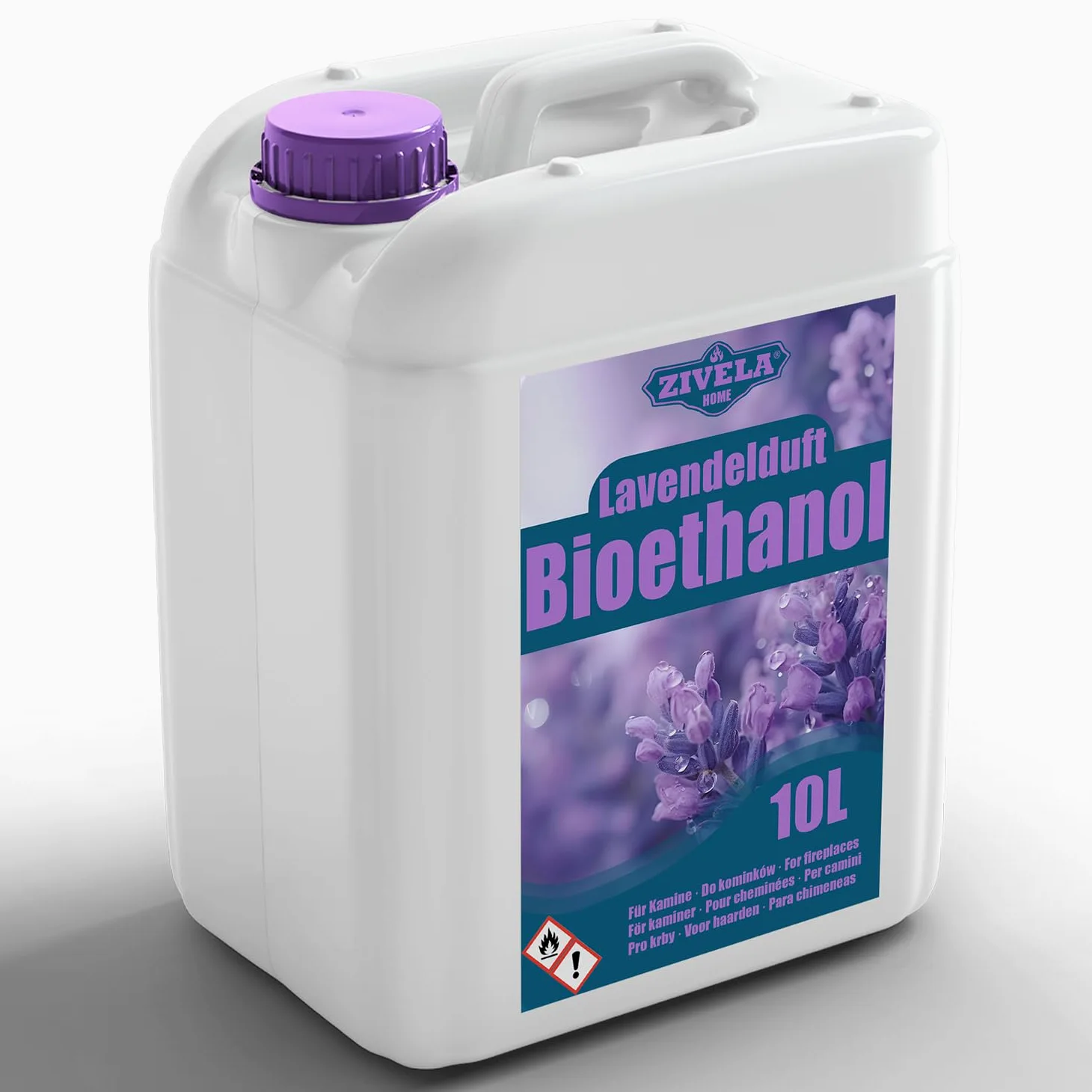 Bioetanolo 96,6% 10 l, profumo di lavanda di alcool biologico 96,6% 10 l, bioetanolo per camino, caminetto, camino a bioetanolo, profumo di lavanda, combustione pulita, senza fumo, fiamma vivida e