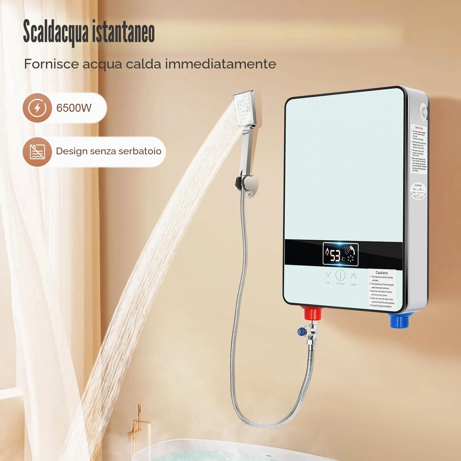 Scaldacqua istantanea doccia, scaldacqua elettrico istantaneo, 6500 W Tankless acqua calda istantanea bagno doccia, bagno scaldabagno elettrico 0-55 ℃, 29 × 19 × 6,5 cm