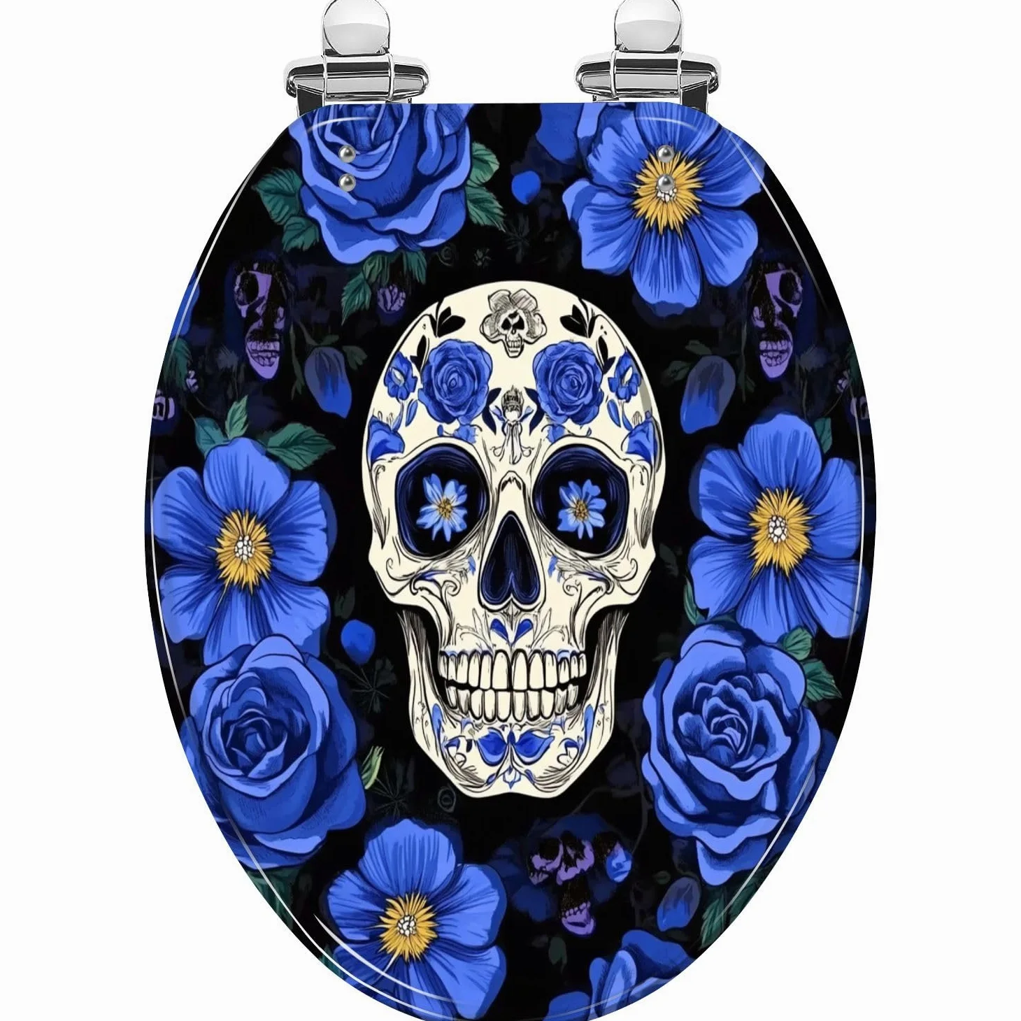 Copriwater Allungato Decorativo In Resina con Teschi Di Zucchero E Fiori Blu, Motivo Nero Senza Cuciture, Chiusura Lenta E Silenziosa, Cerniere A Sgancio Rapido, Facile Da Pulire E Installar