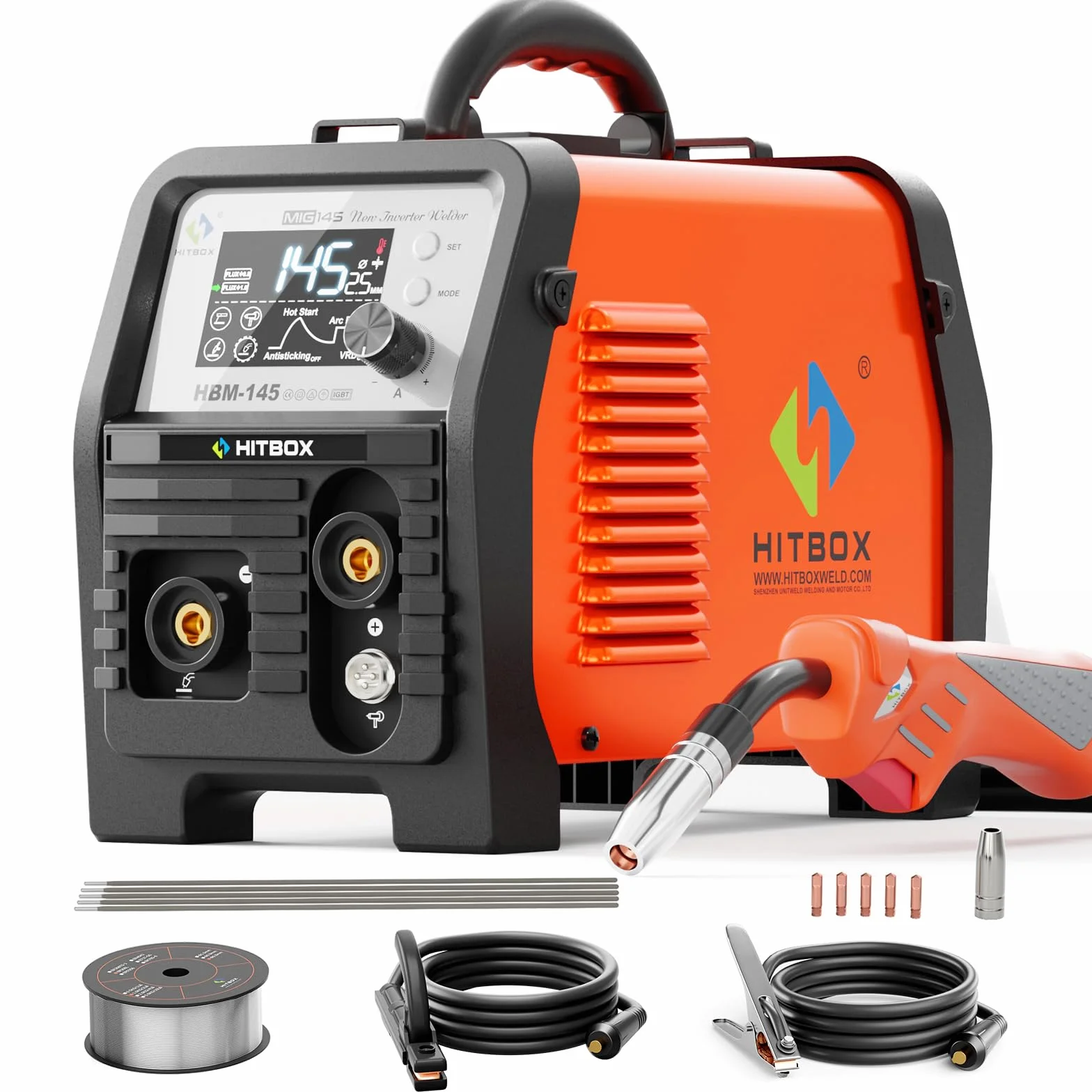 HITBOX 145A Saldatrice a Filo Continuo 4 in 1 230V MIG/ARC/Lift TIG/Spool Gun con Display LED
