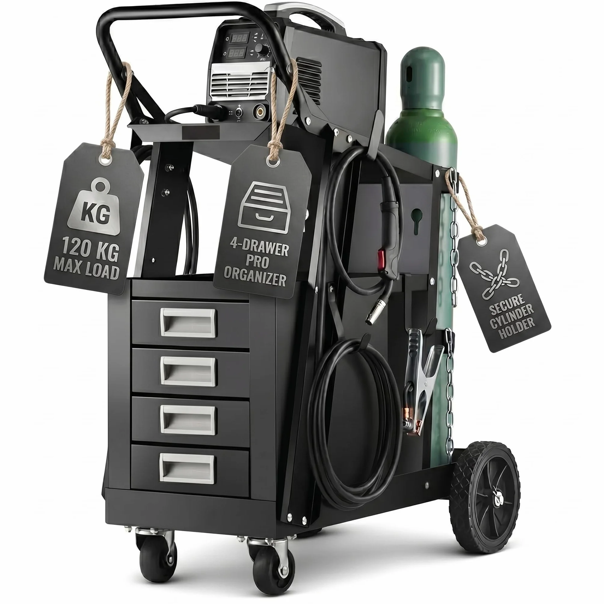 WERKTHOR Carrello Saldatrice Black Basic 100 kg 4 Cassetti Supporto Bombola Gas Sicurezza