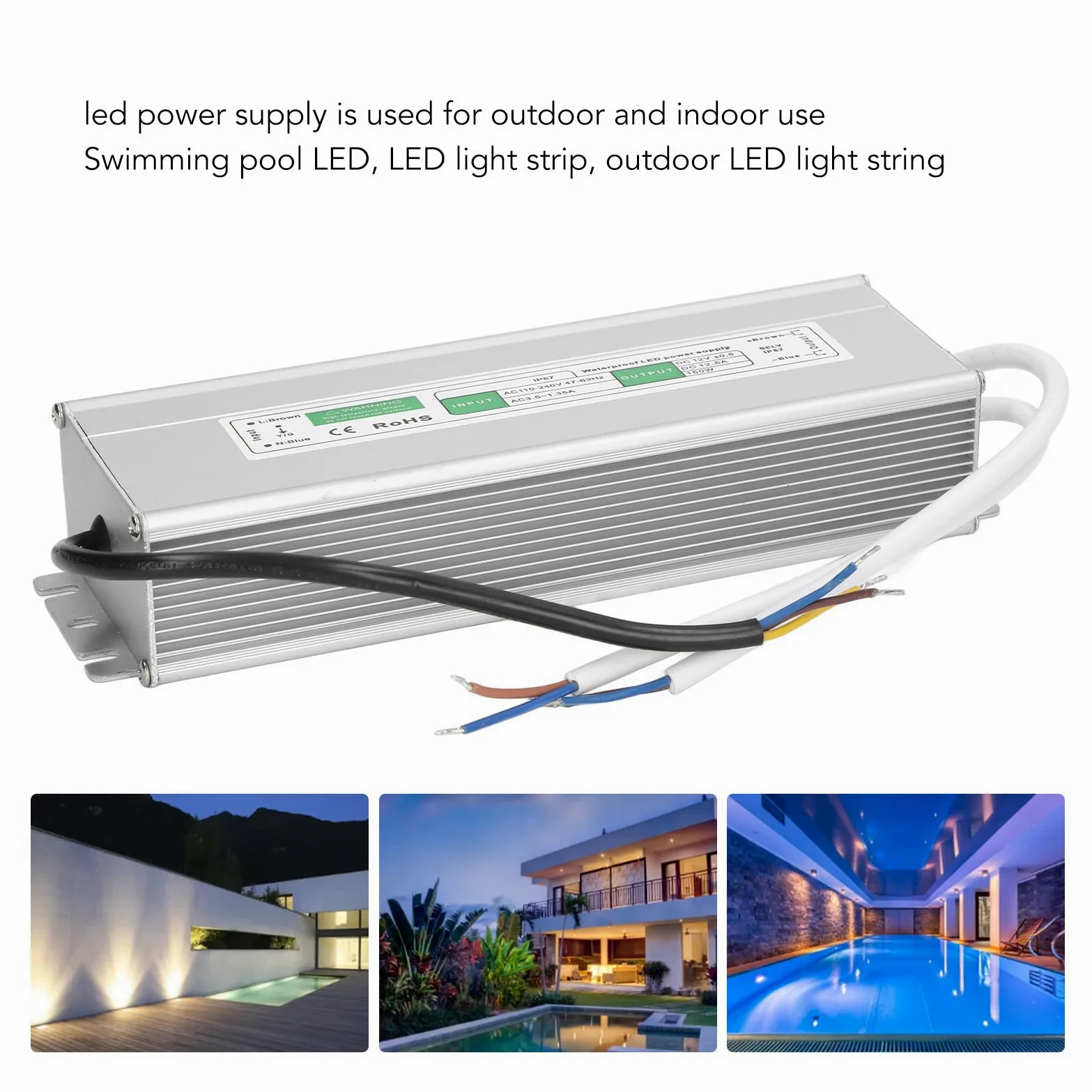 Driver LED, Adattatore per Trasformatore di Alimentazione IP67 Impermeabile da 150 Watt, Adattatore Ultra Sottile per Trasformatore a Bassa Tensione AC110-240V per Luci a LED (12V-150W)